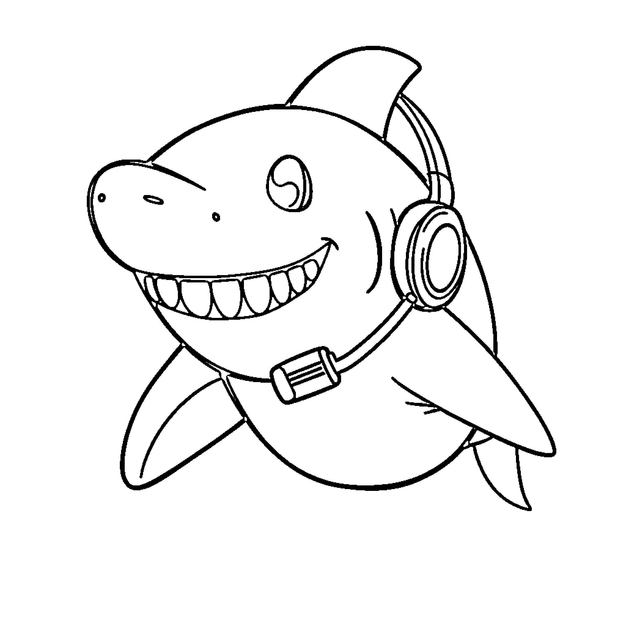 Shark listening to music with headphones Coloring Page (free black-and-white line drawing printable PDF for all, from beginners to advanced learners, including children, teens, adults, and seniors)