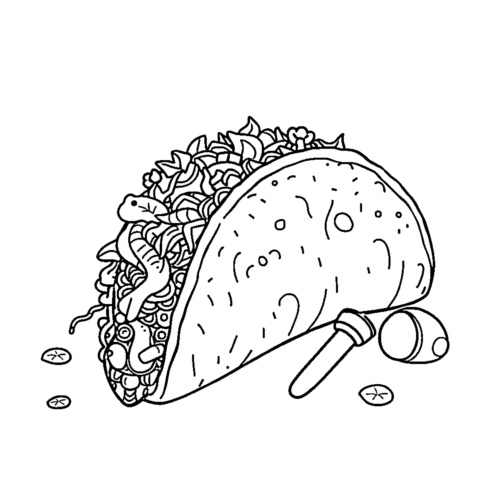Taco with Vibrant Fillings and Garnishes Coloring Page (free black-and-white line drawing printable PDF for all, from beginners to advanced learners, including children, teens, adults, and seniors)