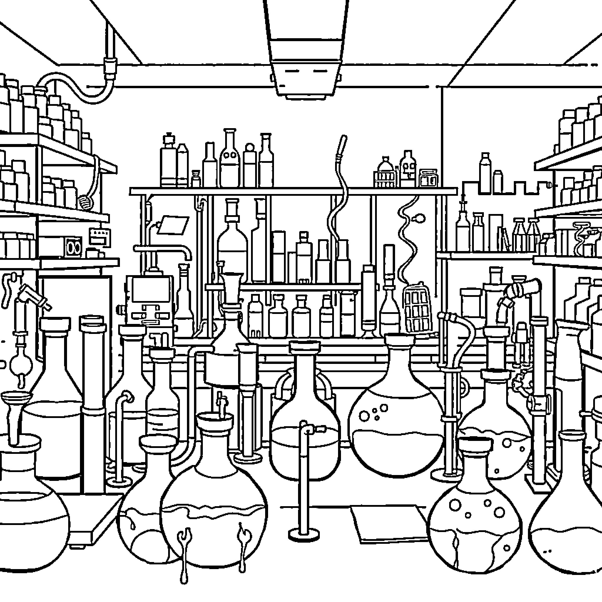 Science Lab Filled with Experimental Apparatus and Equipment Coloring Page (free black-and-white line drawing printable PDF for all, from beginners to advanced learners, including children, teens, adults, and seniors)