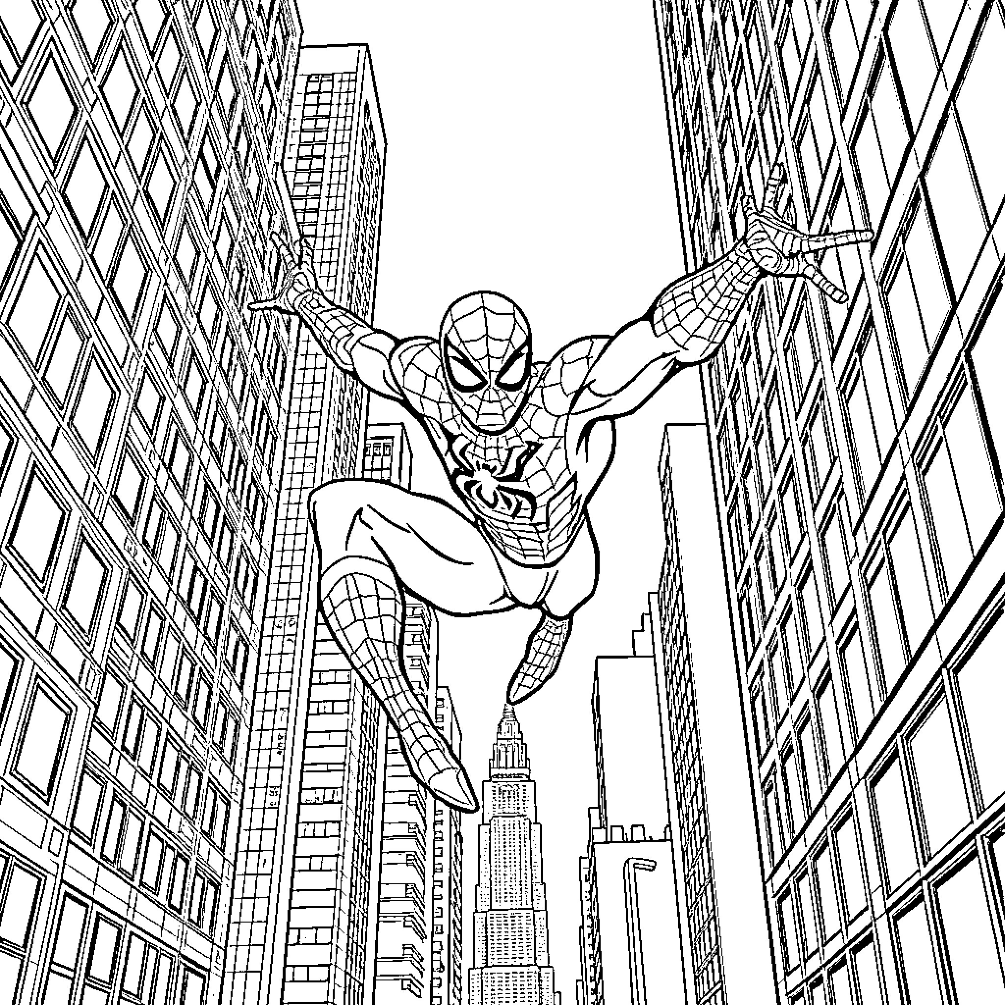 Spiderman swinging through the city skyline Coloring Page (free black-and-white line drawing printable PDF for all, from beginners to advanced learners, including children, teens, adults, and seniors)