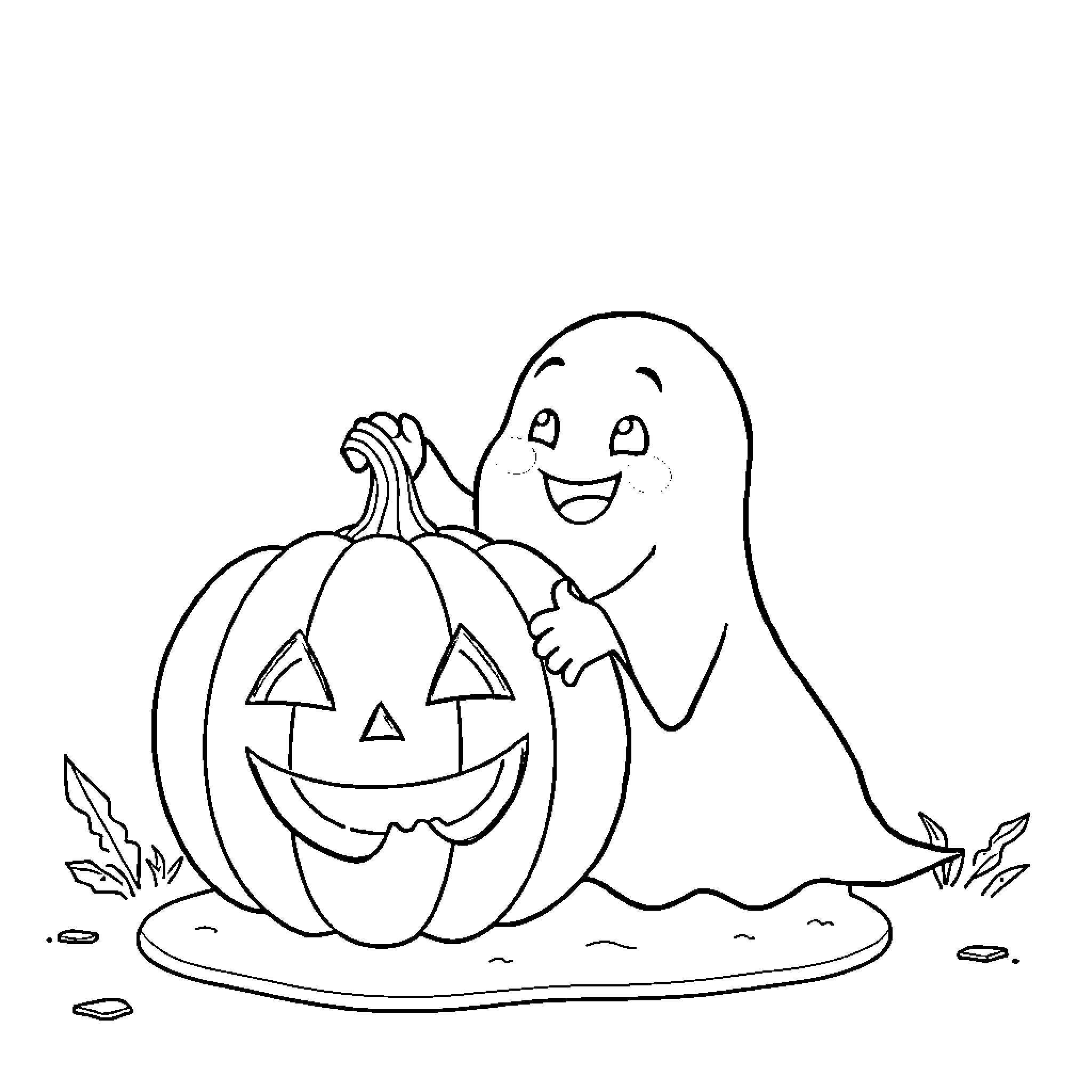 Ghost Enjoying Halloween Festivities with Pumpkin Coloring Page (free black-and-white line drawing printable PDF for all, from beginners to advanced learners, including children, teens, adults, and seniors)