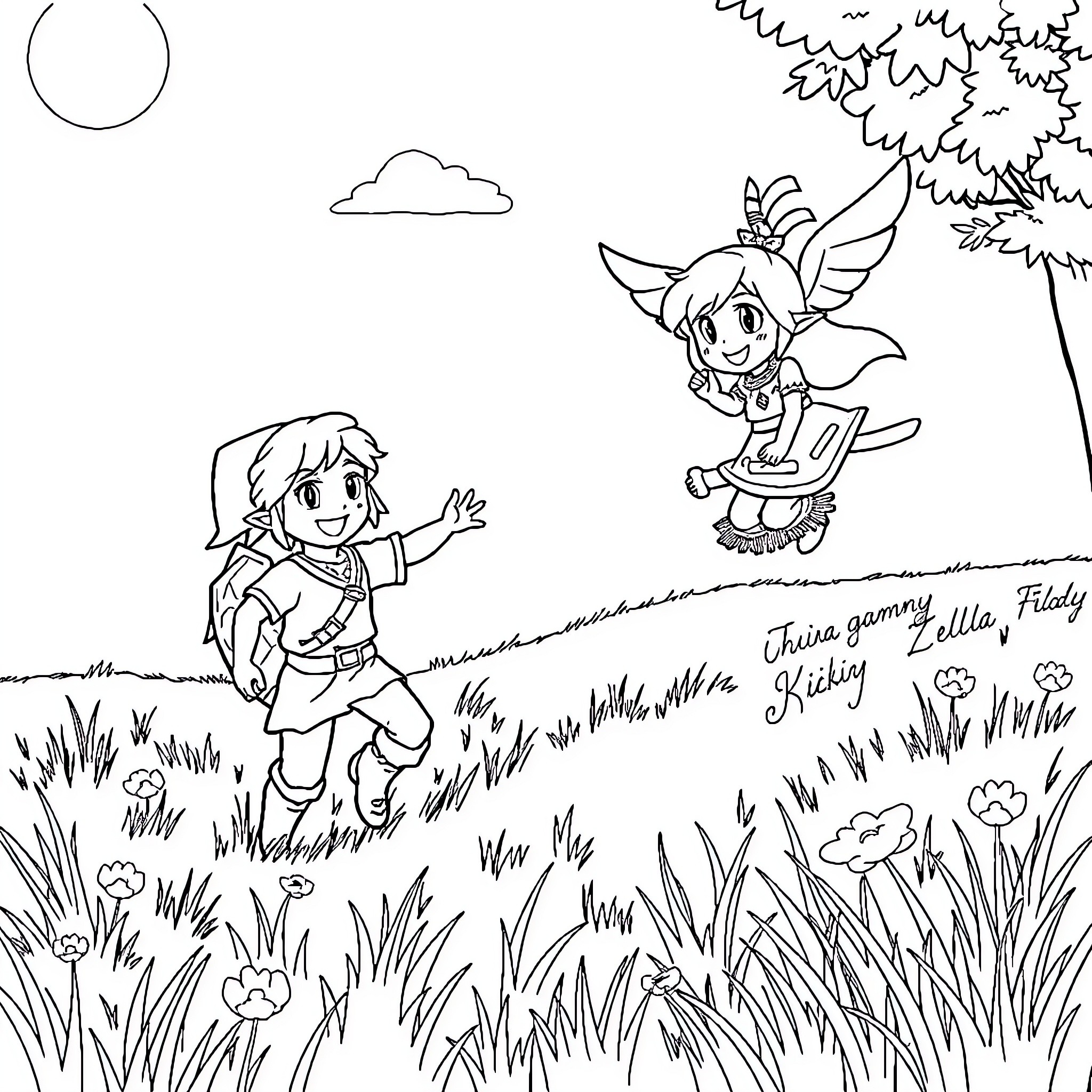 Link's Adventure with Fairy Companion Coloring Page (free black-and-white line drawing printable PDF for all, from beginners to advanced learners, including children, teens, adults, and seniors)