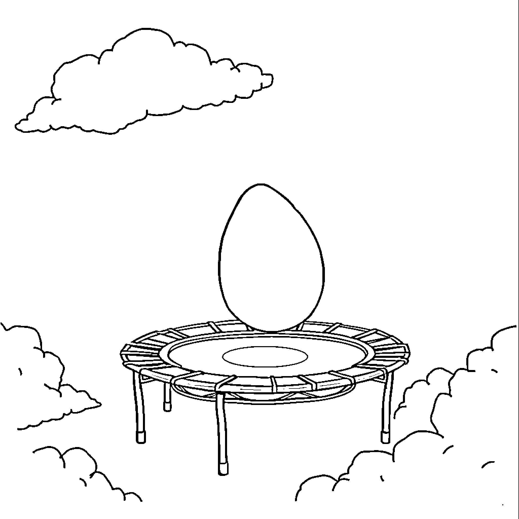 Egg on a trampoline in the clouds Coloring Page (free black-and-white line drawing printable PDF for all, from beginners to advanced learners, including children, teens, adults, and seniors)
