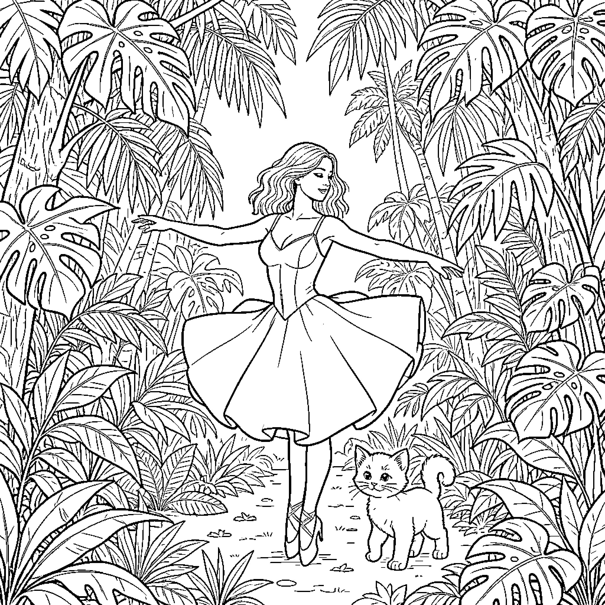 Danseuse performing gracefully in a lush tropical jungle Coloring Page (free black-and-white line drawing printable PDF for all, from beginners to advanced learners, including children, teens, adults, and seniors)