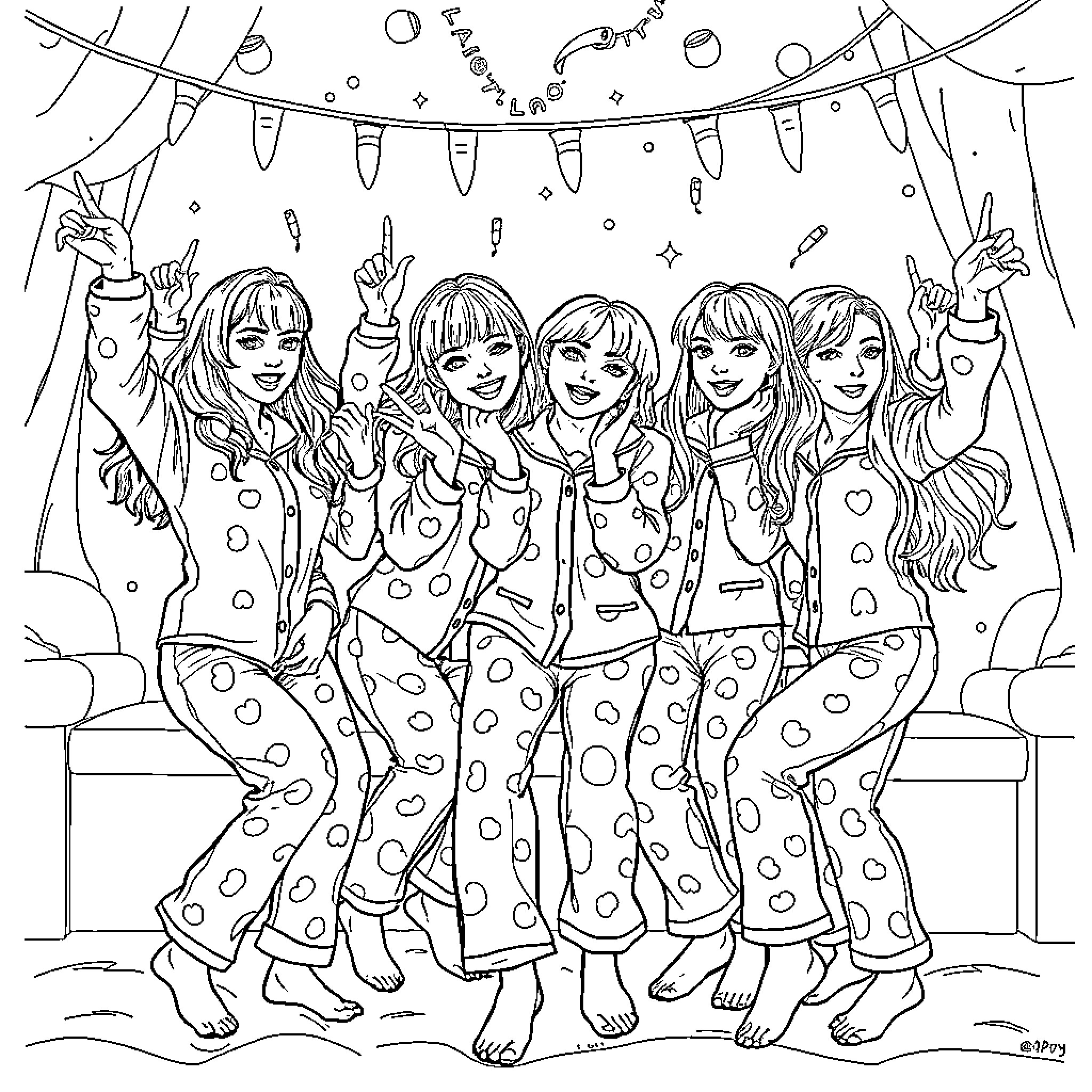 Kpop Warriors Celebrating with Vibrant Outfits and Energetic Poses Coloring Page (free black-and-white line drawing printable PDF for all, from beginners to advanced learners, including children, teens, adults, and seniors)