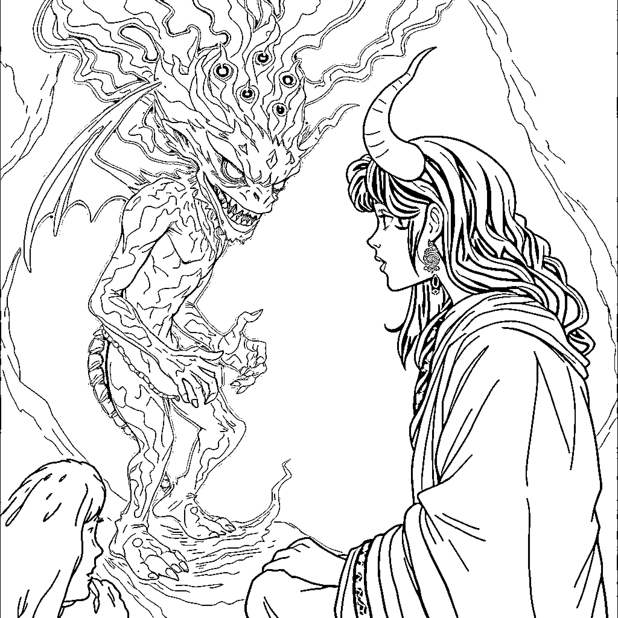 Demon dragon confronting a lone warrior Coloring Page (free black-and-white line drawing printable PDF for all, from beginners to advanced learners, including children, teens, adults, and seniors)