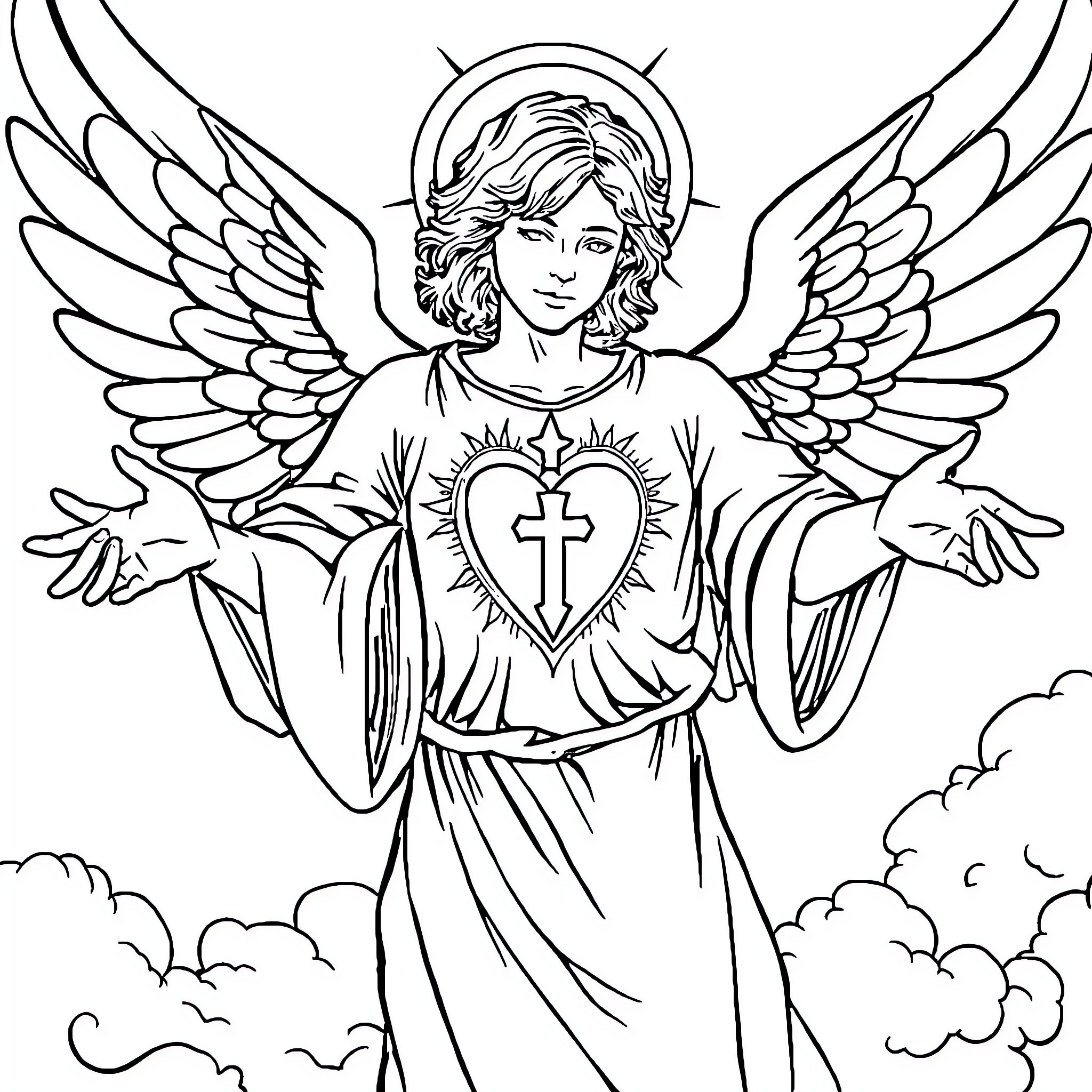 Angel with wings and sacred heart symbol Coloring Page (free black-and-white line drawing printable PDF for all, from beginners to advanced learners, including children, teens, adults, and seniors)