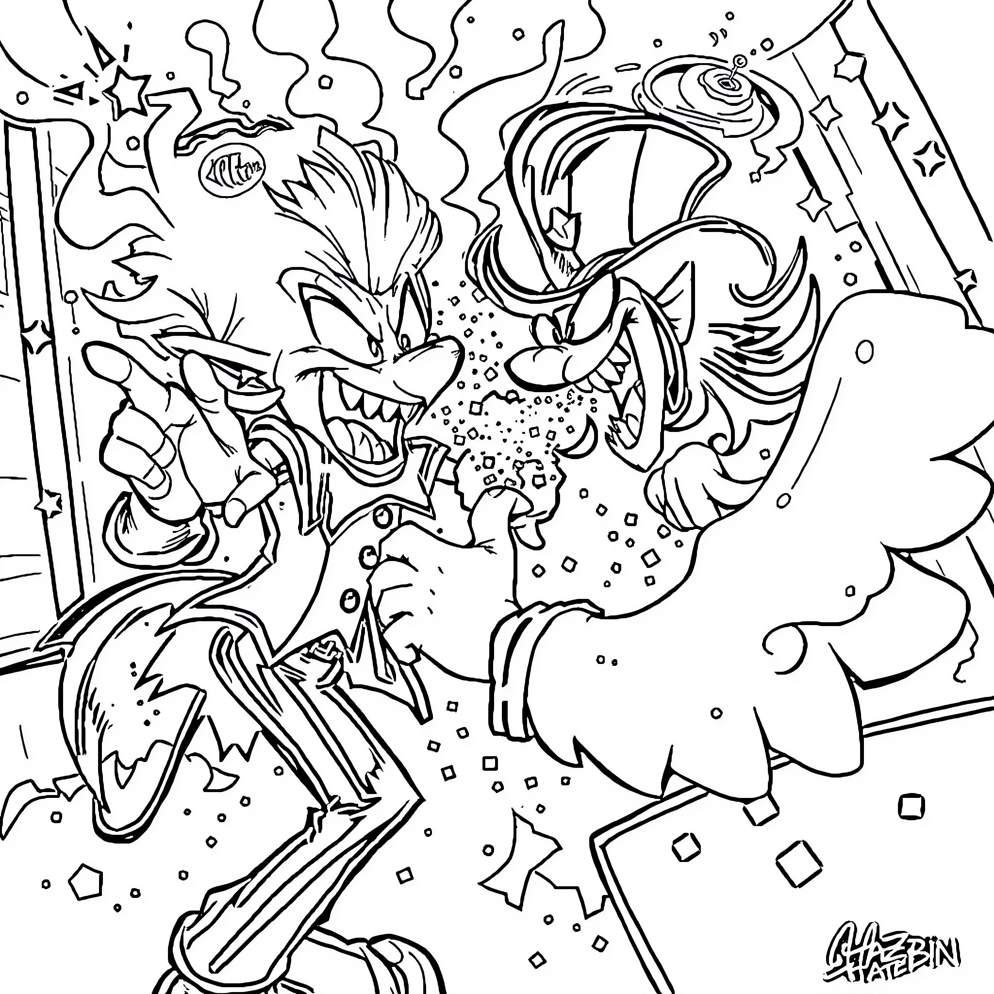 Blitzo's Chaotic Carnival Escapades Coloring Page (free black-and-white line drawing printable PDF for all, from beginners to advanced learners, including children, teens, adults, and seniors)