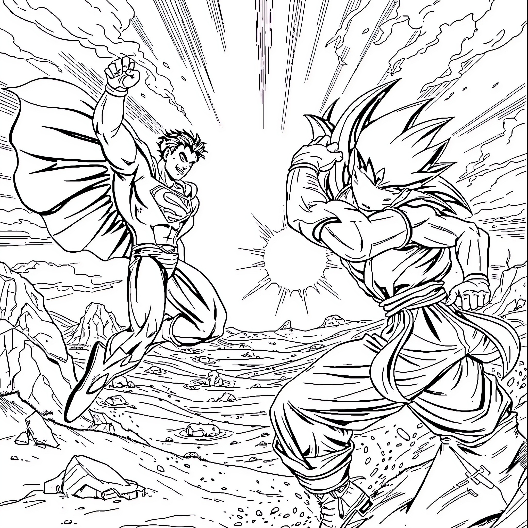 Superman battling an epic superhero showdown Coloring Page (free black-and-white line drawing printable PDF for all, from beginners to advanced learners, including children, teens, adults, and seniors)