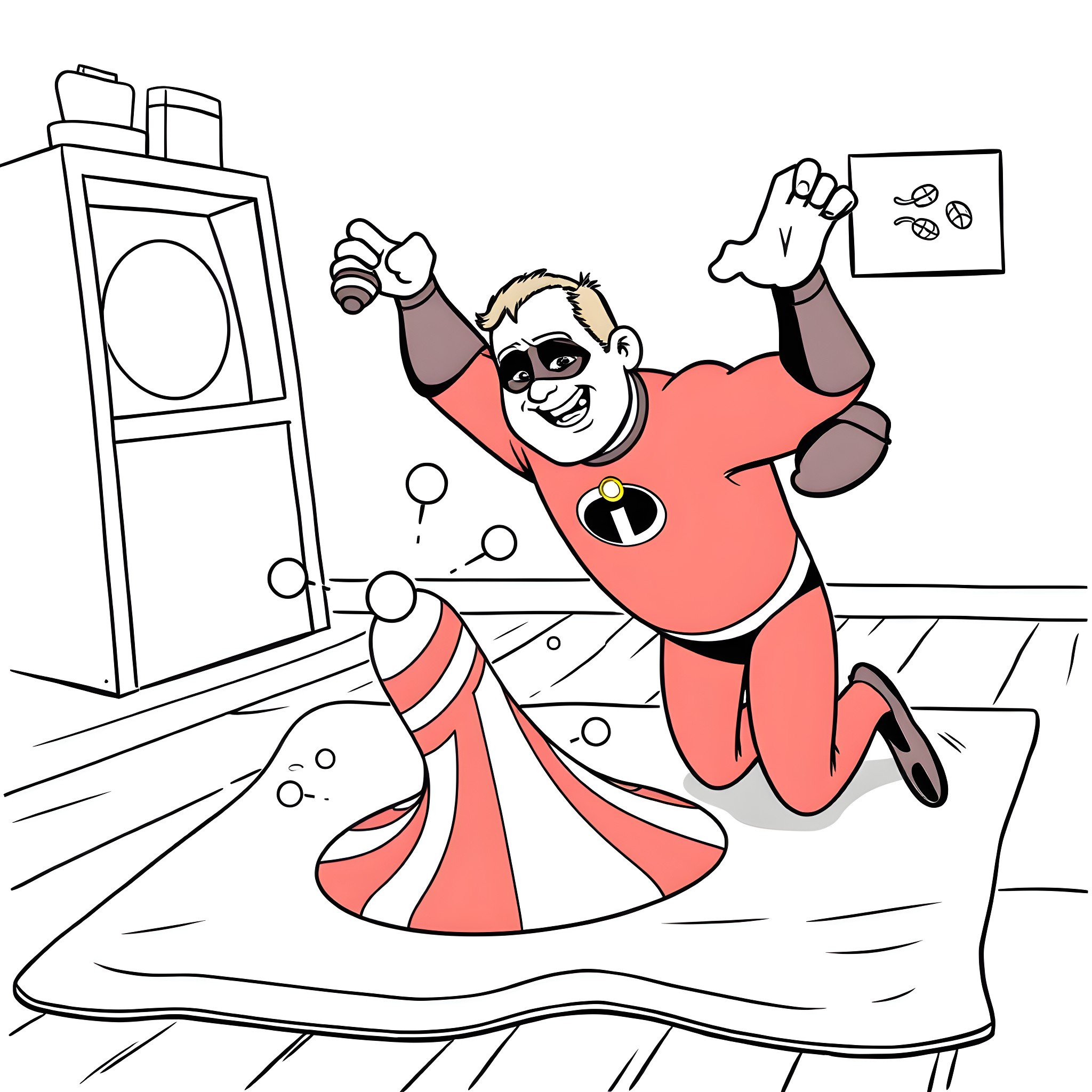 Mr Incredible jumping enthusiastically in his superhero costume Coloring Page (free black-and-white line drawing printable PDF for all, from beginners to advanced learners, including children, teens, adults, and seniors)