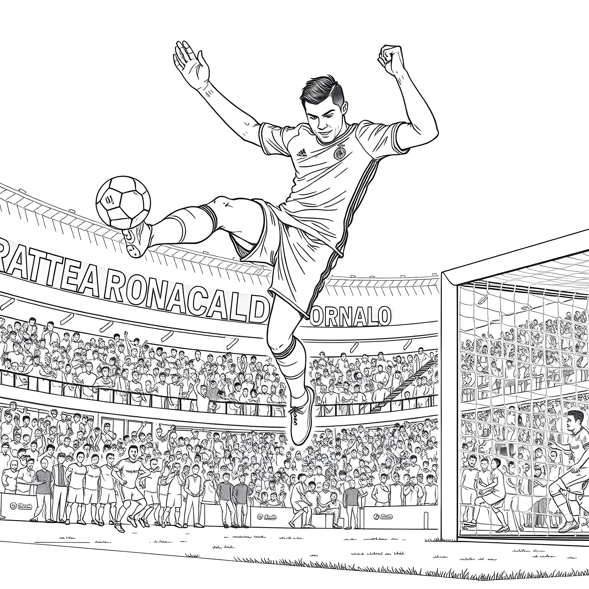 Cristiano Ronaldo performing a spectacular soccer move in a stadium Coloring Page (free black-and-white line drawing printable PDF for all, from beginners to advanced learners, including children, teens, adults, and seniors)
