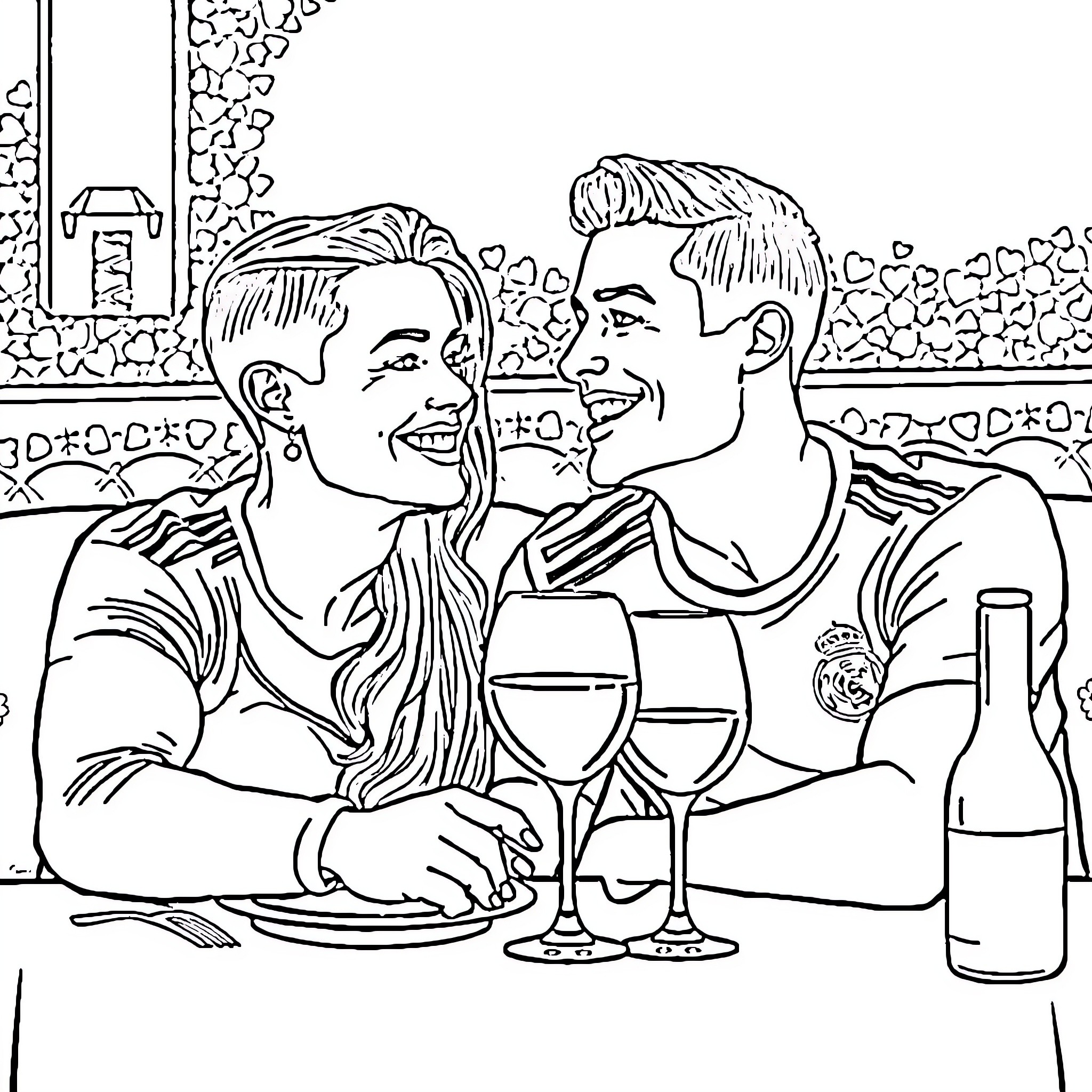 Cristiano Ronaldo enjoying a romantic dinner with partner Coloring Page (free black-and-white line drawing printable PDF for all, from beginners to advanced learners, including children, teens, adults, and seniors)