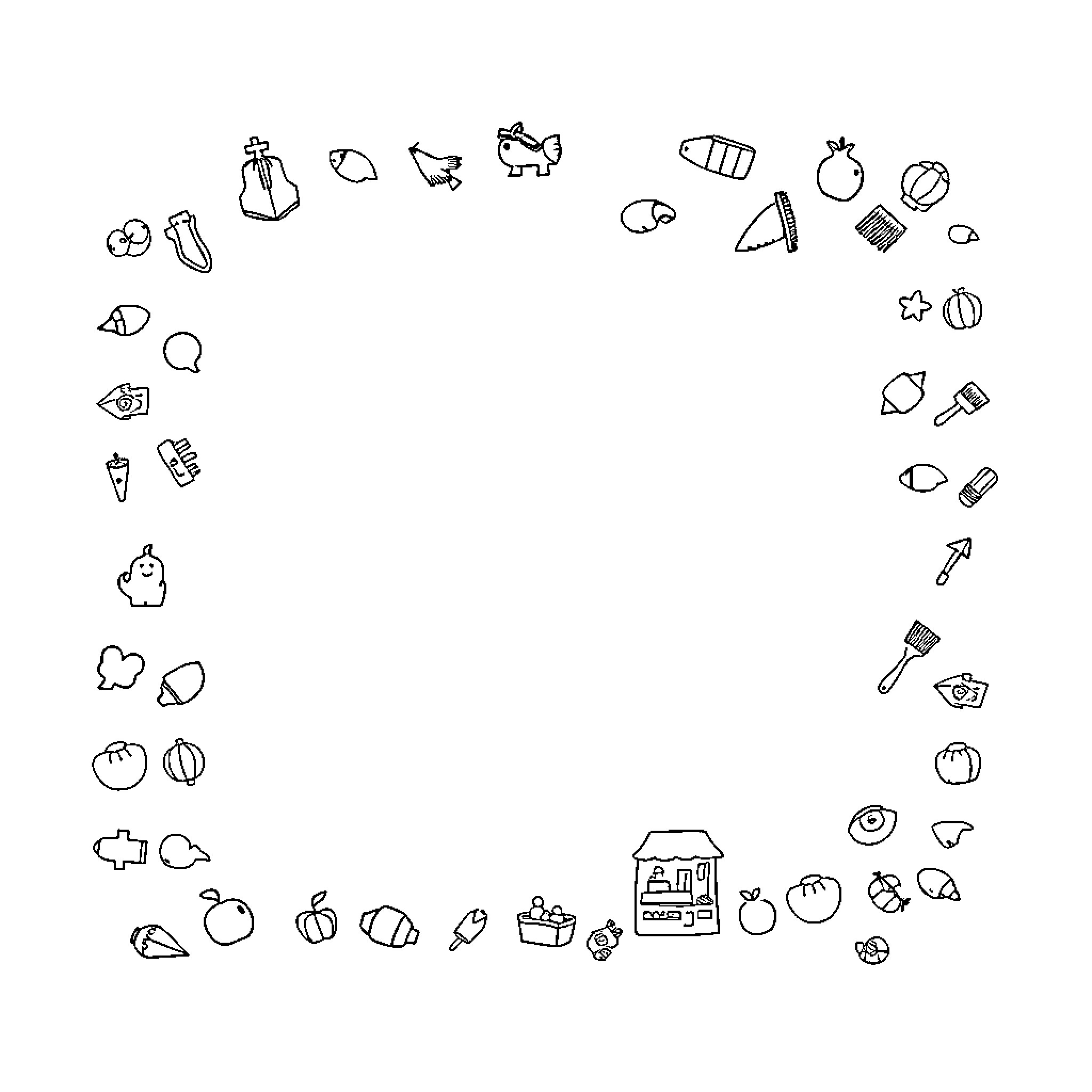 Object Filled with Various Household Items and Groceries Coloring Page (free black-and-white line drawing printable PDF for all, from beginners to advanced learners, including children, teens, adults, and seniors)
