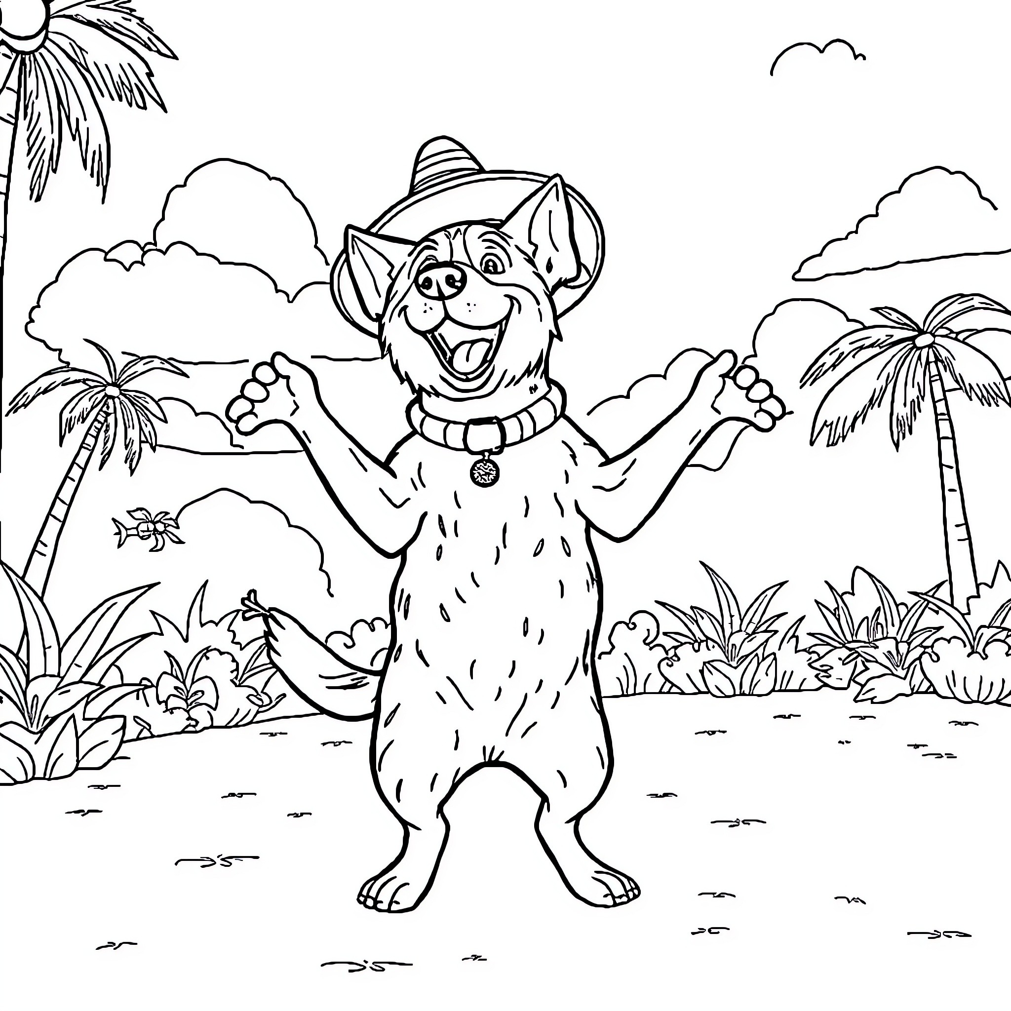 Dog happily exploring tropical landscape Coloring Page (free black-and-white line drawing printable PDF for all, from beginners to advanced learners, including children, teens, adults, and seniors)