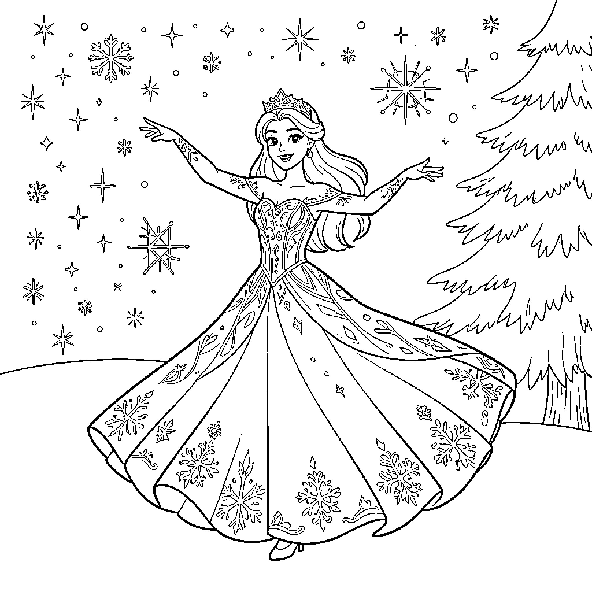Snow Queen dancing gracefully amidst falling snowflakes Coloring Page (free black-and-white line drawing printable PDF for all, from beginners to advanced learners, including children, teens, adults, and seniors)