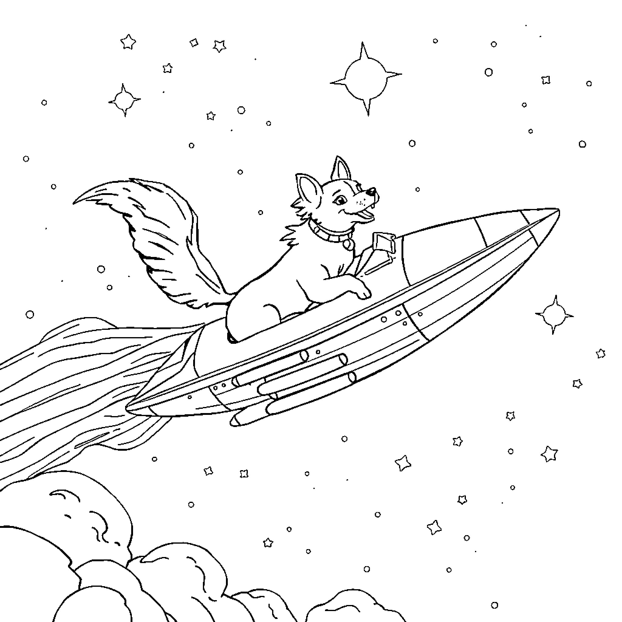 Paw Patrol Pup Riding Space Rocket Through the Stars Coloring Page (free black-and-white line drawing printable PDF for all, from beginners to advanced learners, including children, teens, adults, and seniors)