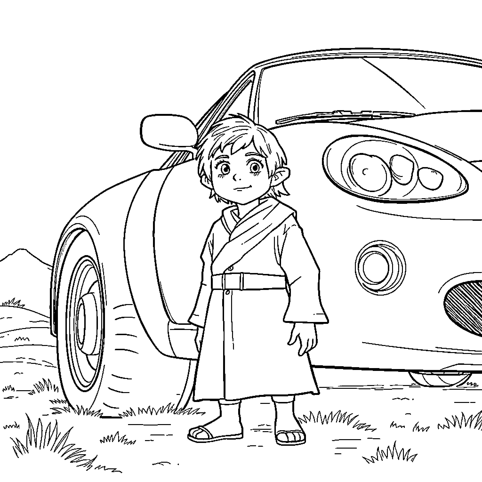 Frodo's Adventure with Unusual Automobile Coloring Page (free black-and-white line drawing printable PDF for all, from beginners to advanced learners, including children, teens, adults, and seniors)