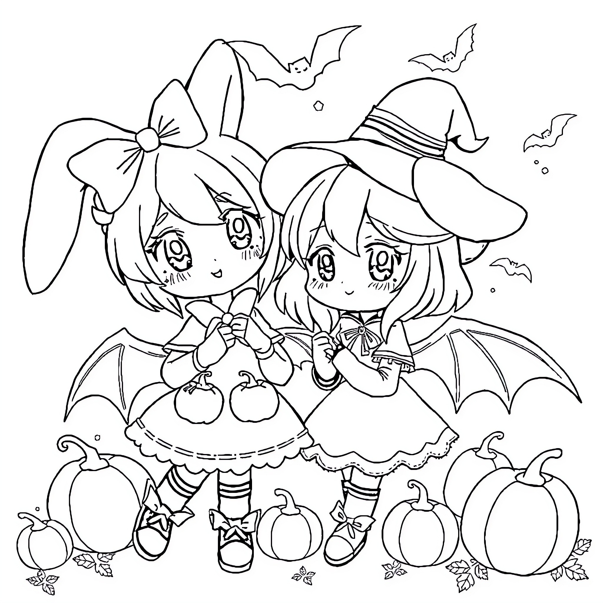 Kuromi and My Melody in Halloween Costumes Coloring Page (free black-and-white line drawing printable PDF for all, from beginners to advanced learners, including children, teens, adults, and seniors)