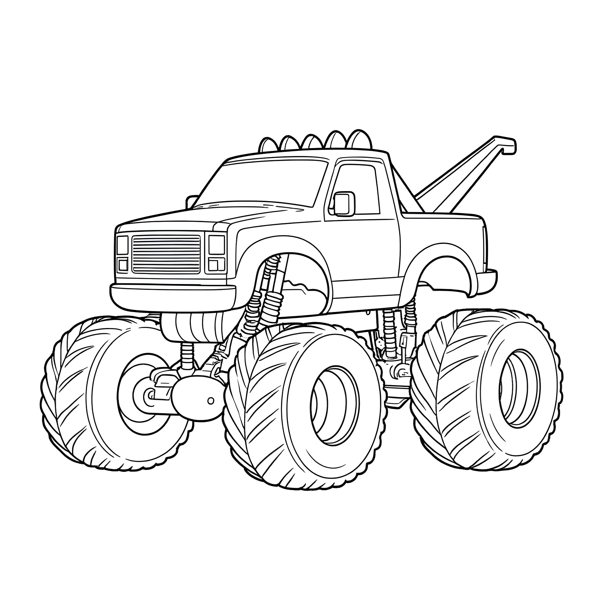 Monster Truck Crushing through the Terrain Coloring Page (free black-and-white line drawing printable PDF for all, from beginners to advanced learners, including children, teens, adults, and seniors)