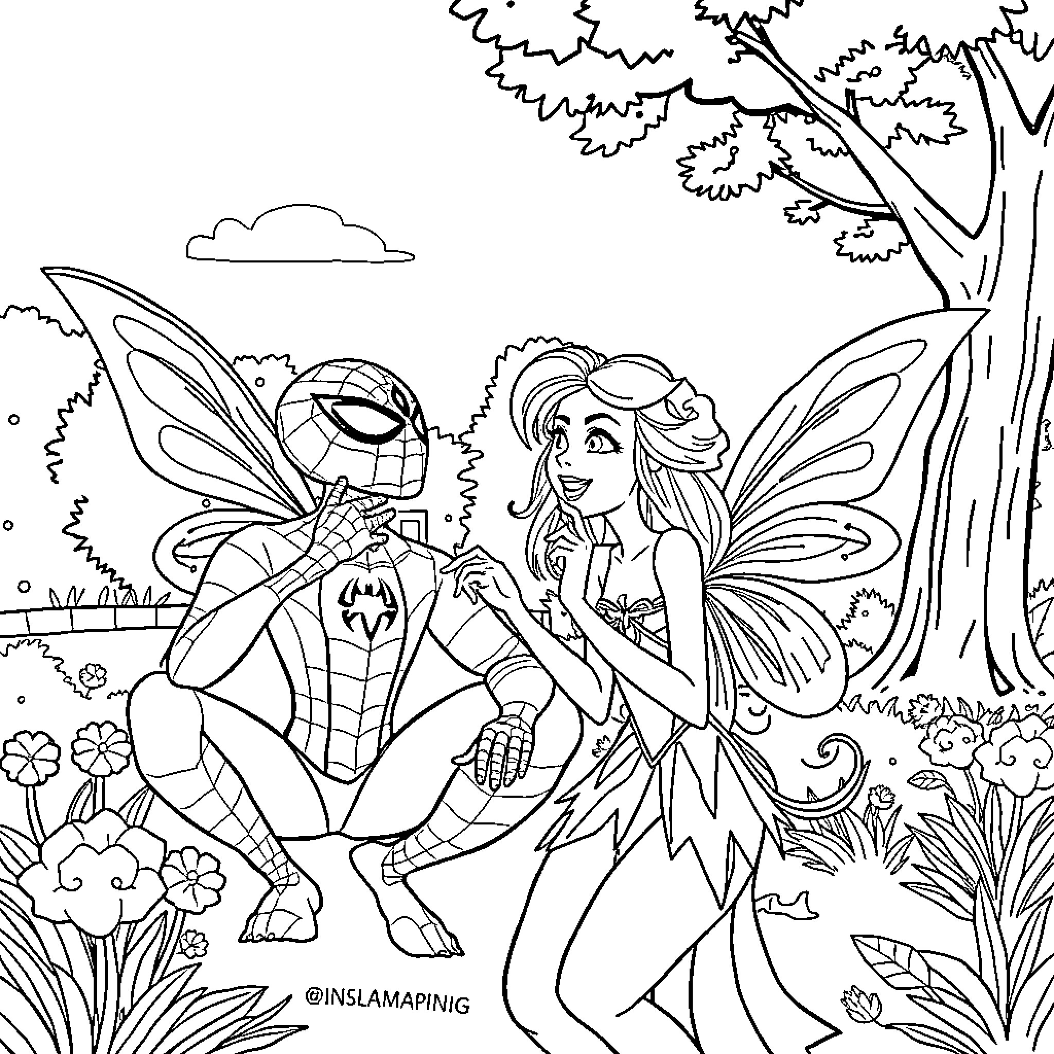 Bloom of Fantasy Creatures in the Enchanted Forest Coloring Page (free black-and-white line drawing printable PDF for all, from beginners to advanced learners, including children, teens, adults, and seniors)
