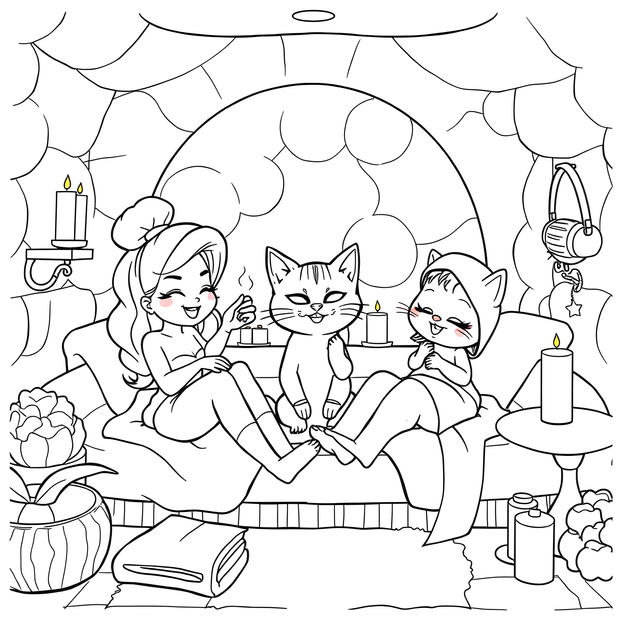 Gabby's cozy night with her cat friends Coloring Page (free black-and-white line drawing printable PDF for all, from beginners to advanced learners, including children, teens, adults, and seniors)