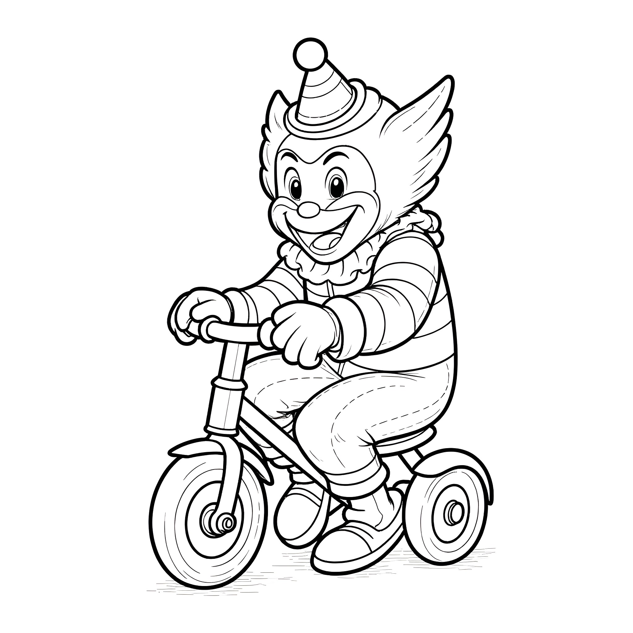 Wolverine Clown Riding a Tricycle Coloring Page (free black-and-white line drawing printable PDF for all, from beginners to advanced learners, including children, teens, adults, and seniors)