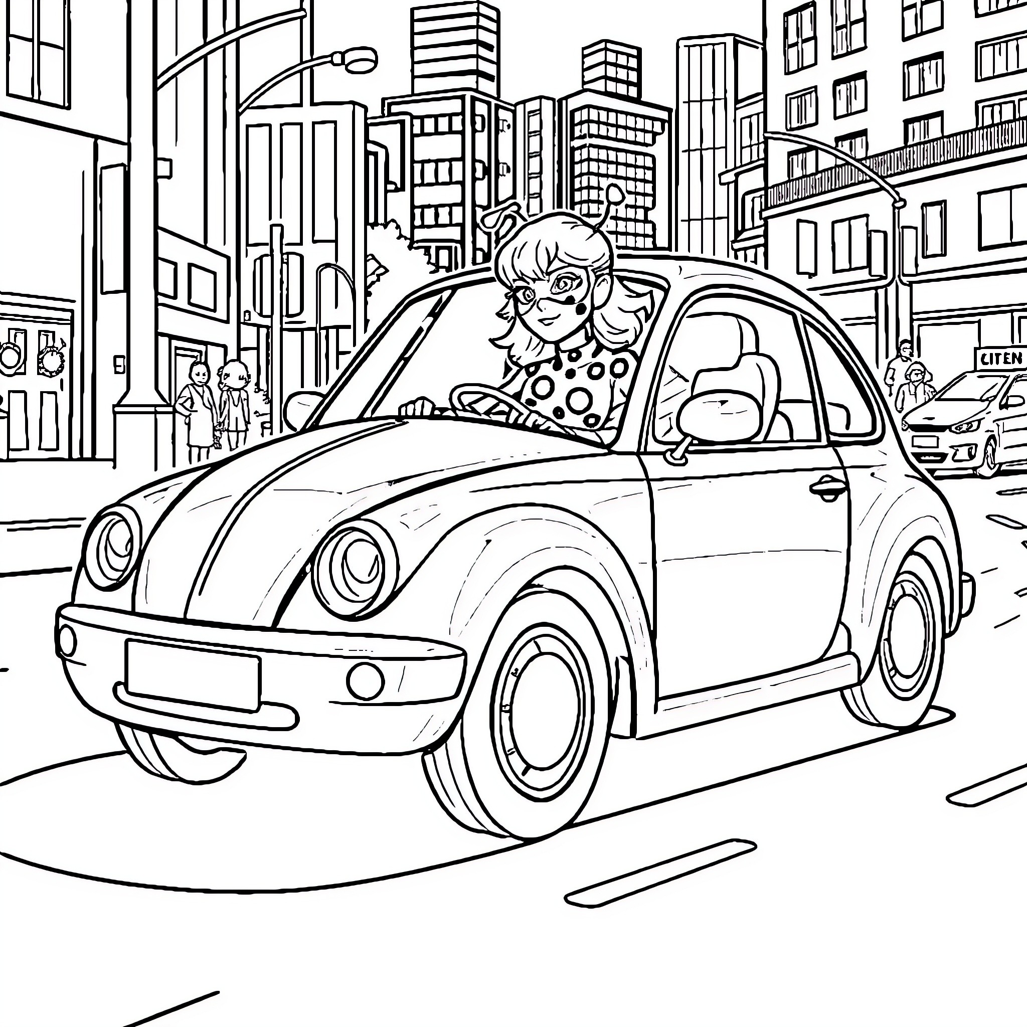 Ladybug driving a car in the city Coloring Page (free black-and-white line drawing printable PDF for all, from beginners to advanced learners, including children, teens, adults, and seniors)