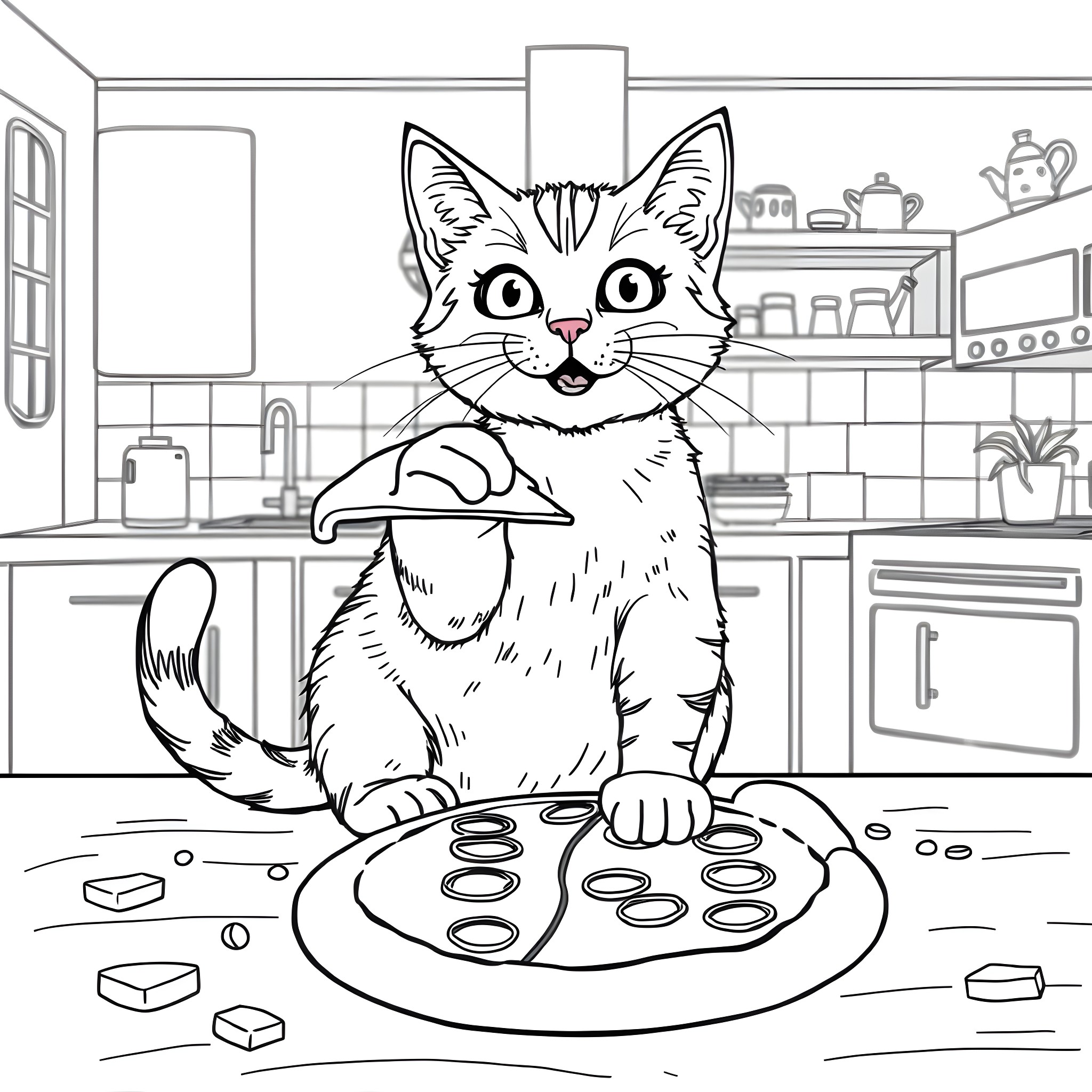 Cat baking treats in the kitchen Coloring Page (free black-and-white line drawing printable PDF for all, from beginners to advanced learners, including children, teens, adults, and seniors)
