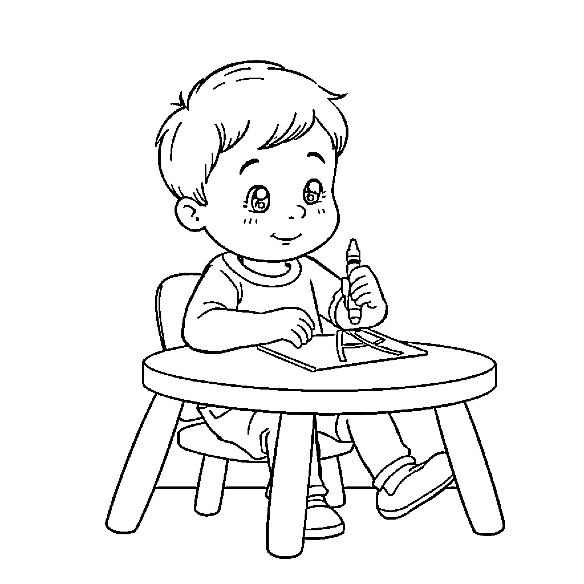 Kid happily drawing on a table Coloring Page (free black-and-white line drawing printable PDF for all, from beginners to advanced learners, including children, teens, adults, and seniors)