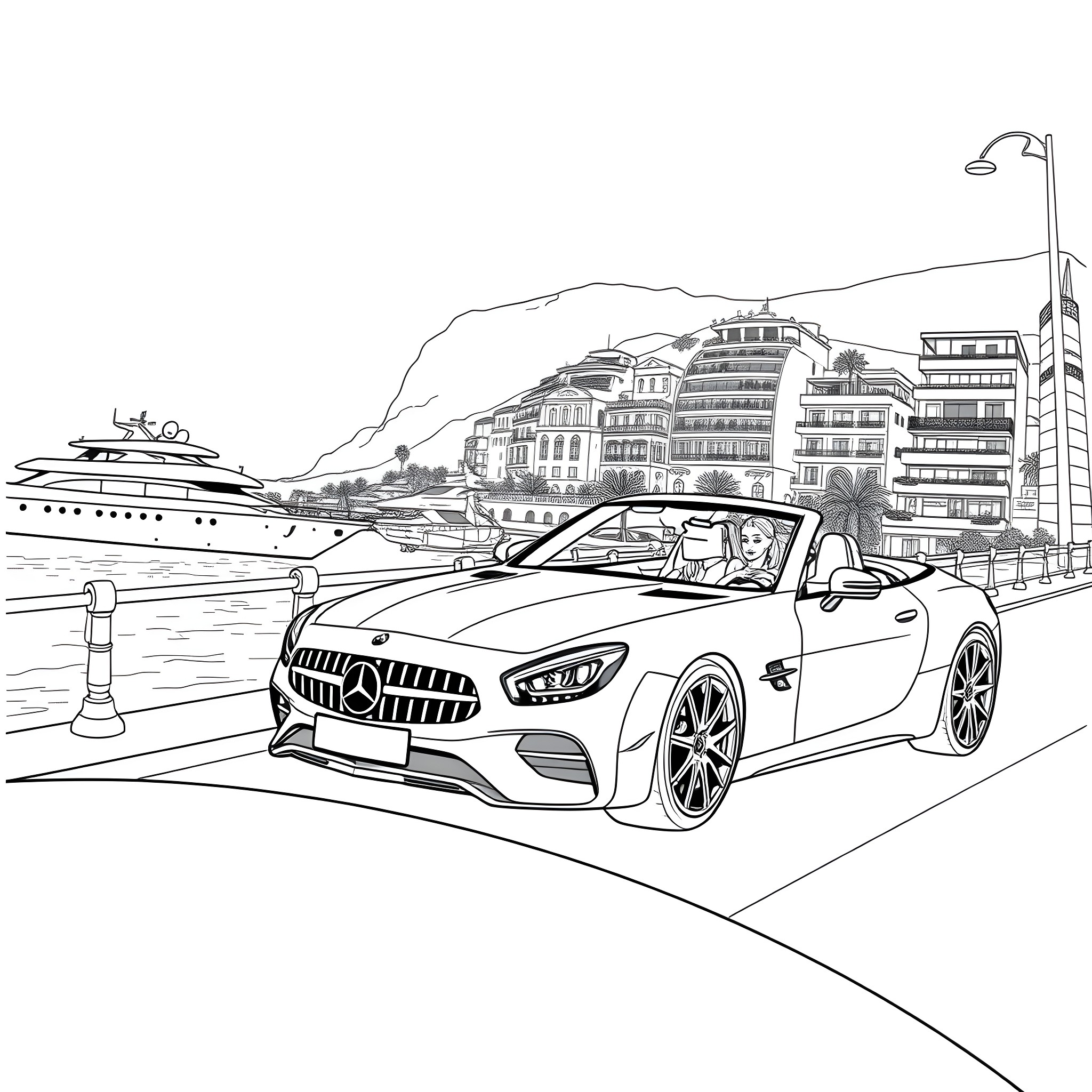 Princess Barbie's Luxury Car Ride in the City Coloring Page (free black-and-white line drawing printable PDF for all, from beginners to advanced learners, including children, teens, adults, and seniors)