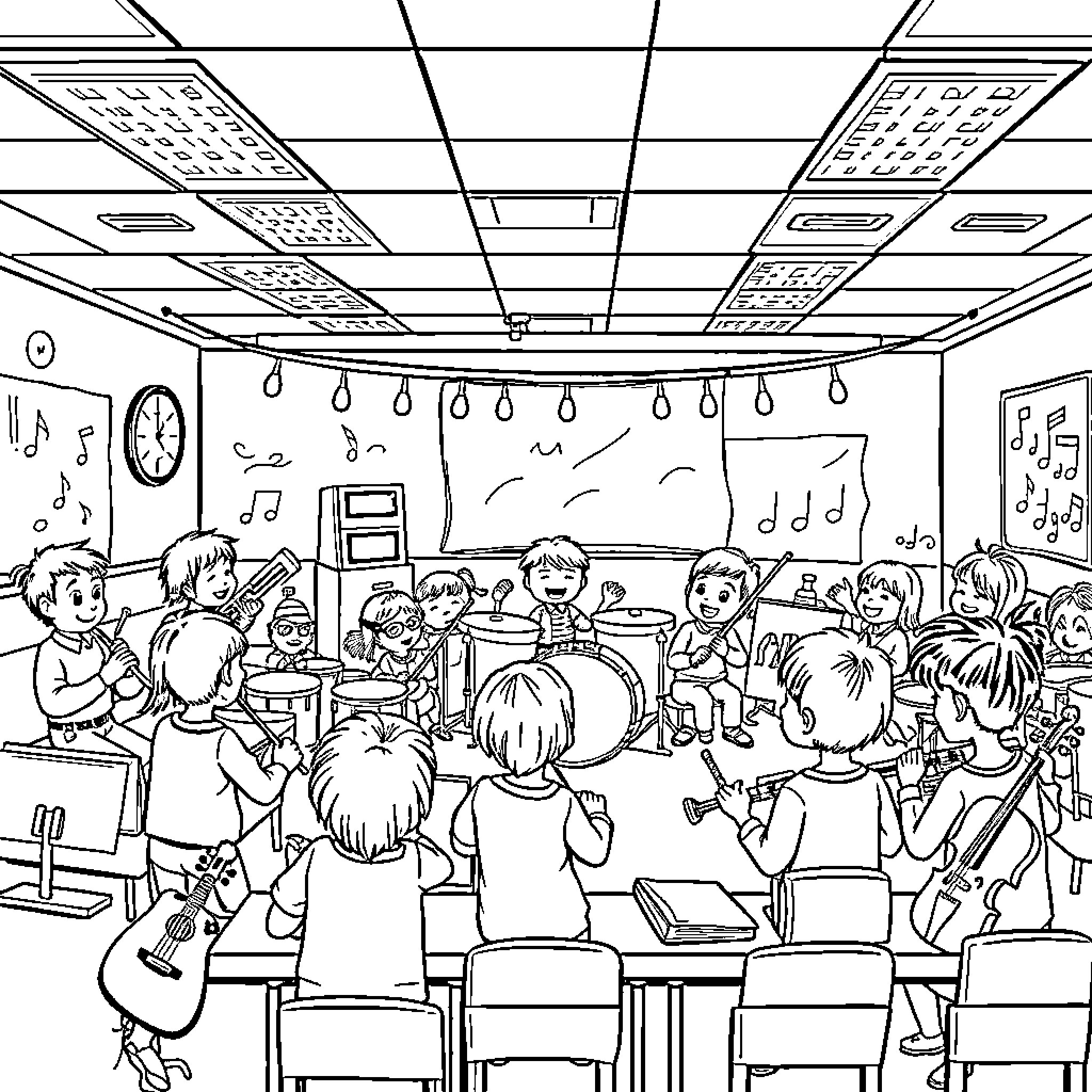 Music Classroom with Students and Instruments Coloring Page (free black-and-white line drawing printable PDF for all, from beginners to advanced learners, including children, teens, adults, and seniors)