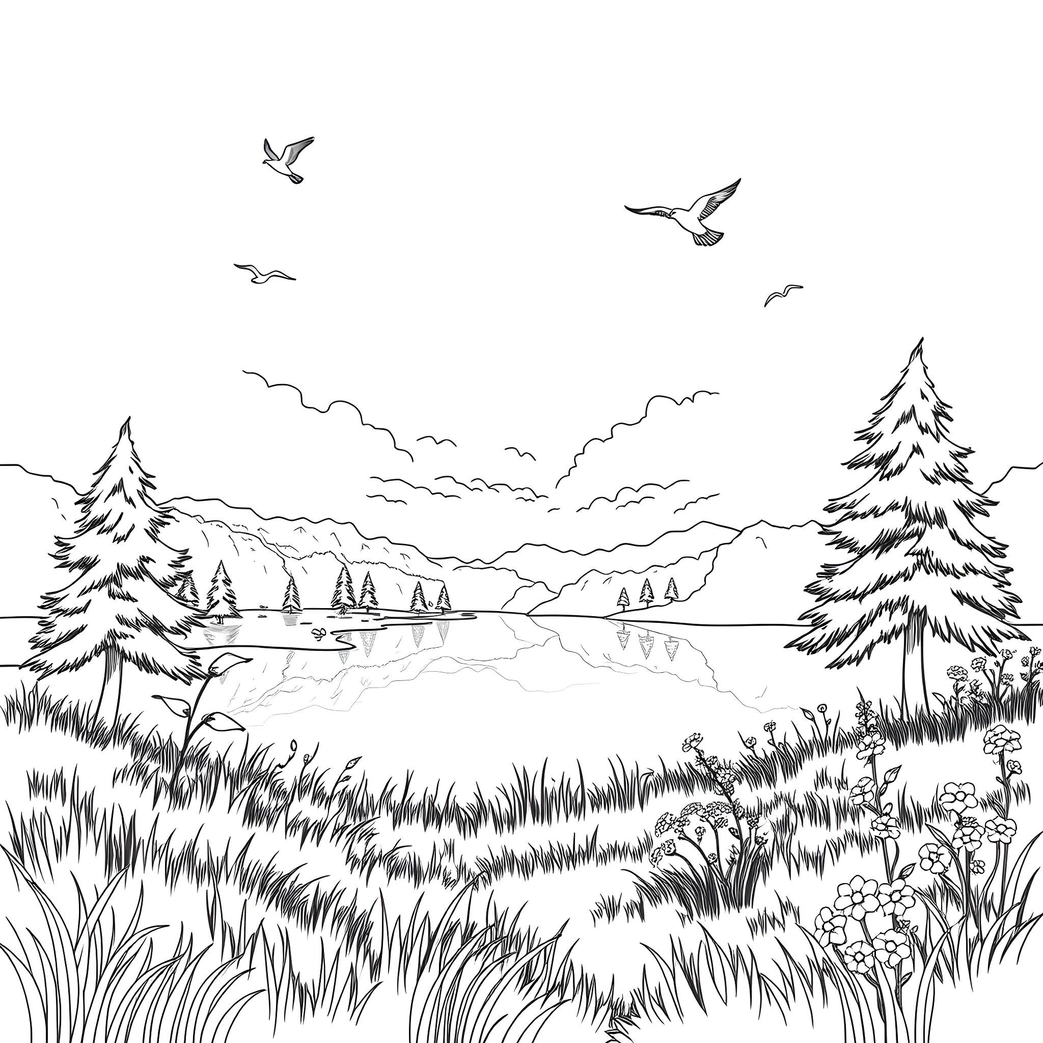 Outdoor winter landscape with pine trees and birds Coloring Page (free black-and-white line drawing printable PDF for all, from beginners to advanced learners, including children, teens, adults, and seniors)