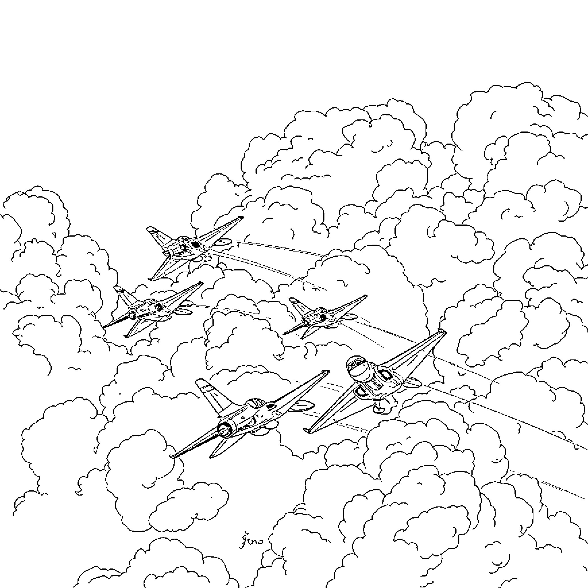 Jet fighters soaring through cloudy skies Coloring Page (free black-and-white line drawing printable PDF for all, from beginners to advanced learners, including children, teens, adults, and seniors)