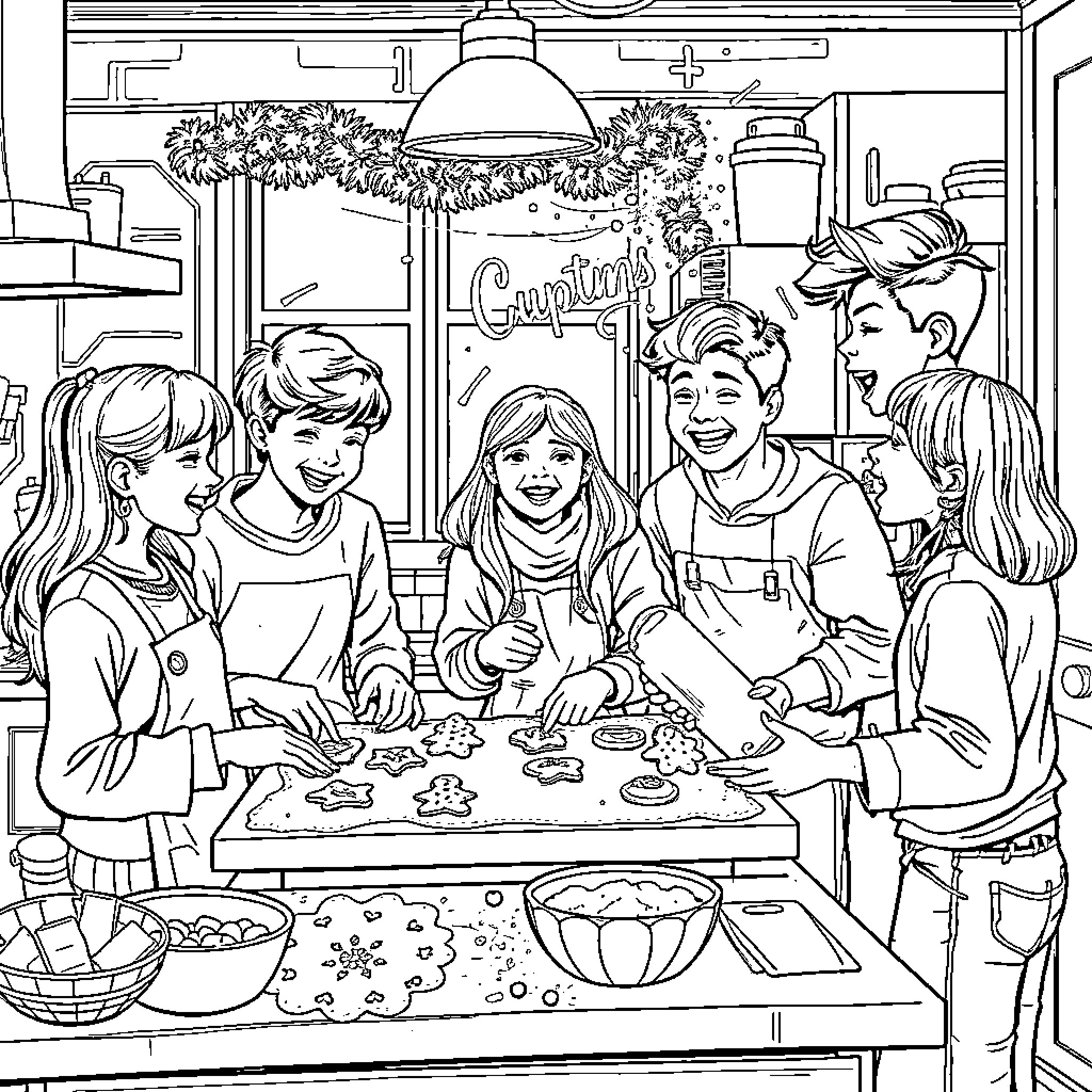 Cookie Decorating Party with Friends Coloring Page (free black-and-white line drawing printable PDF for all, from beginners to advanced learners, including children, teens, adults, and seniors)