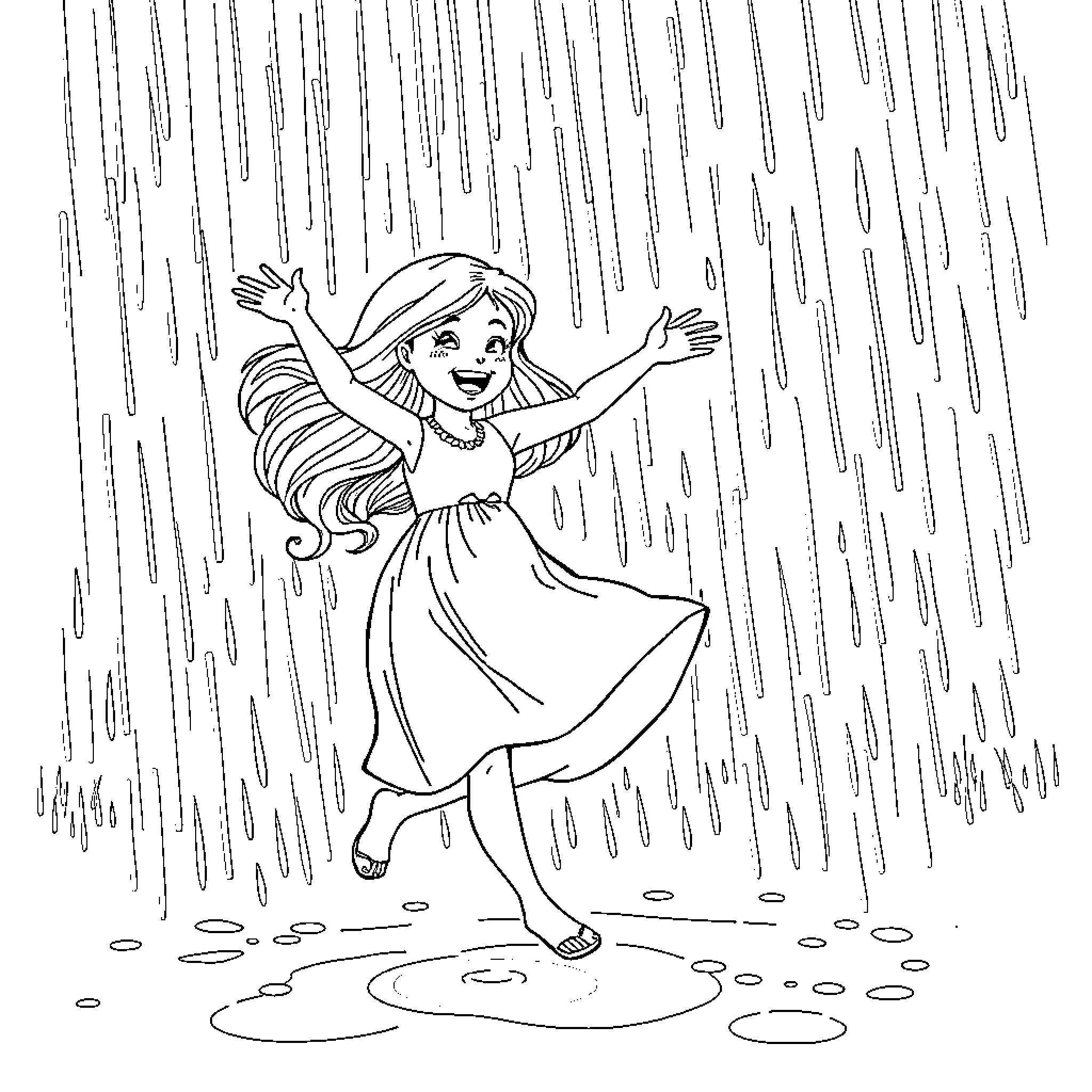 Milkissa joyfully dancing in the rain Coloring Page (free black-and-white line drawing printable PDF for all, from beginners to advanced learners, including children, teens, adults, and seniors)