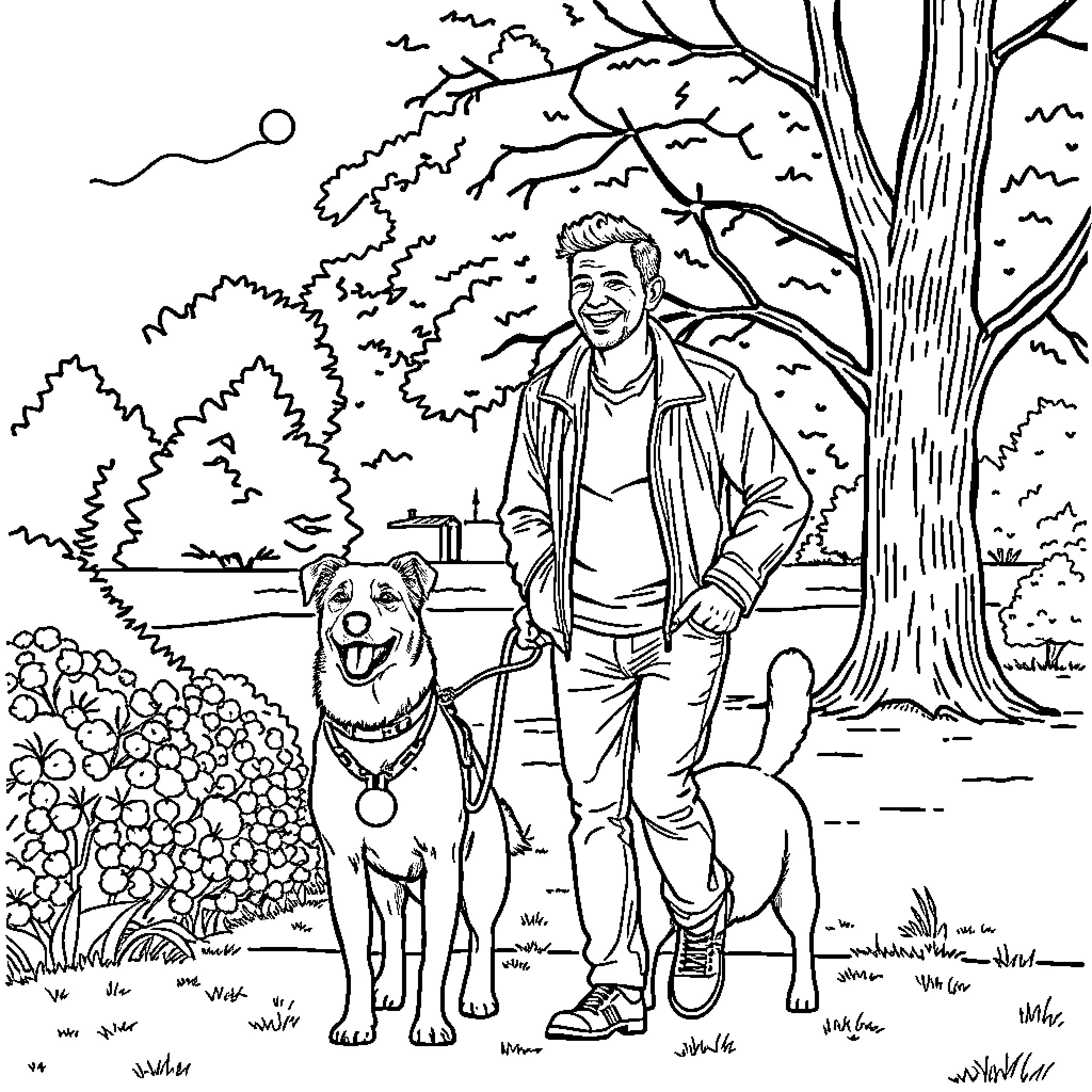 Kier Starmer walking his dog in the park Coloring Page (free black-and-white line drawing printable PDF for all, from beginners to advanced learners, including children, teens, adults, and seniors)