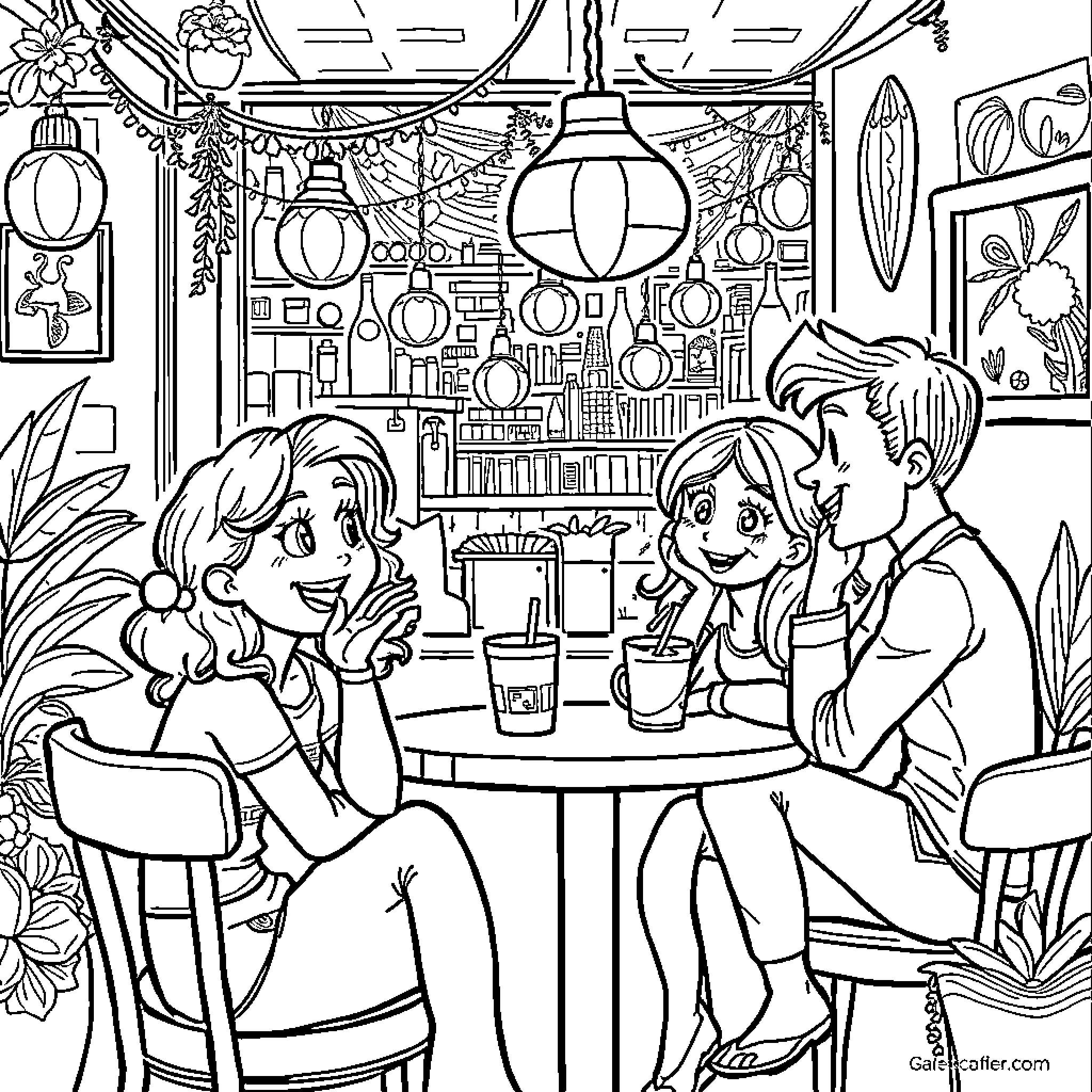 Gaby's Happy Café Adventure Coloring Page (free black-and-white line drawing printable PDF for all, from beginners to advanced learners, including children, teens, adults, and seniors)