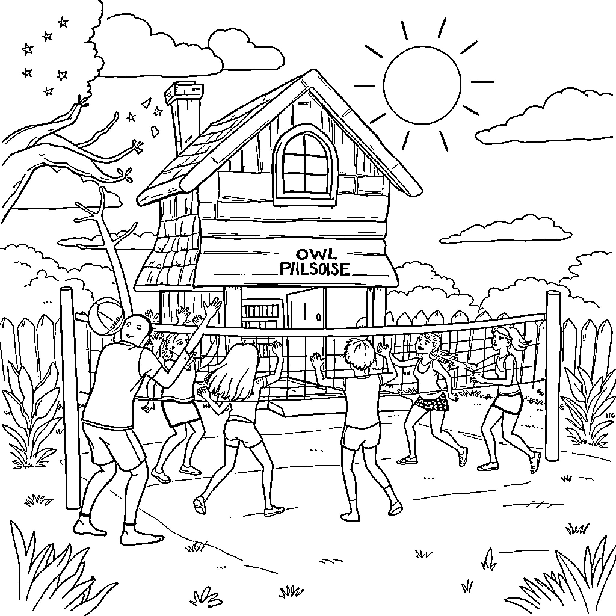 Owl Philsose: Children Enjoying Outdoor Activities Coloring Page (free black-and-white line drawing printable PDF for all, from beginners to advanced learners, including children, teens, adults, and seniors)