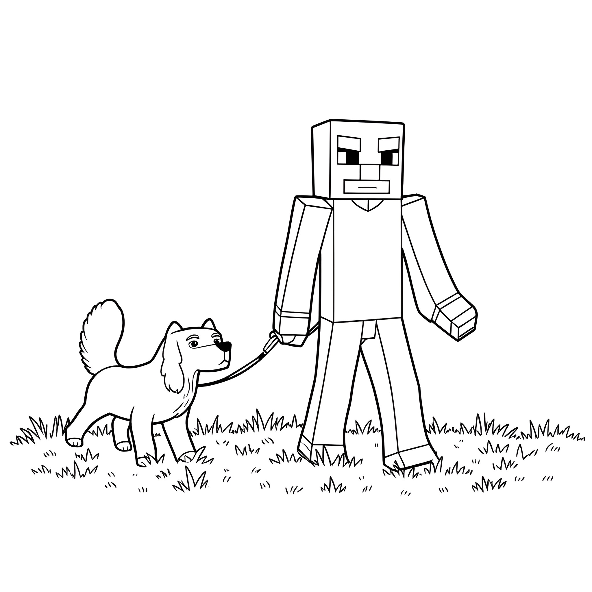 Enderman walking with a friendly dog in the grass Coloring Page (free black-and-white line drawing printable PDF for all, from beginners to advanced learners, including children, teens, adults, and seniors)