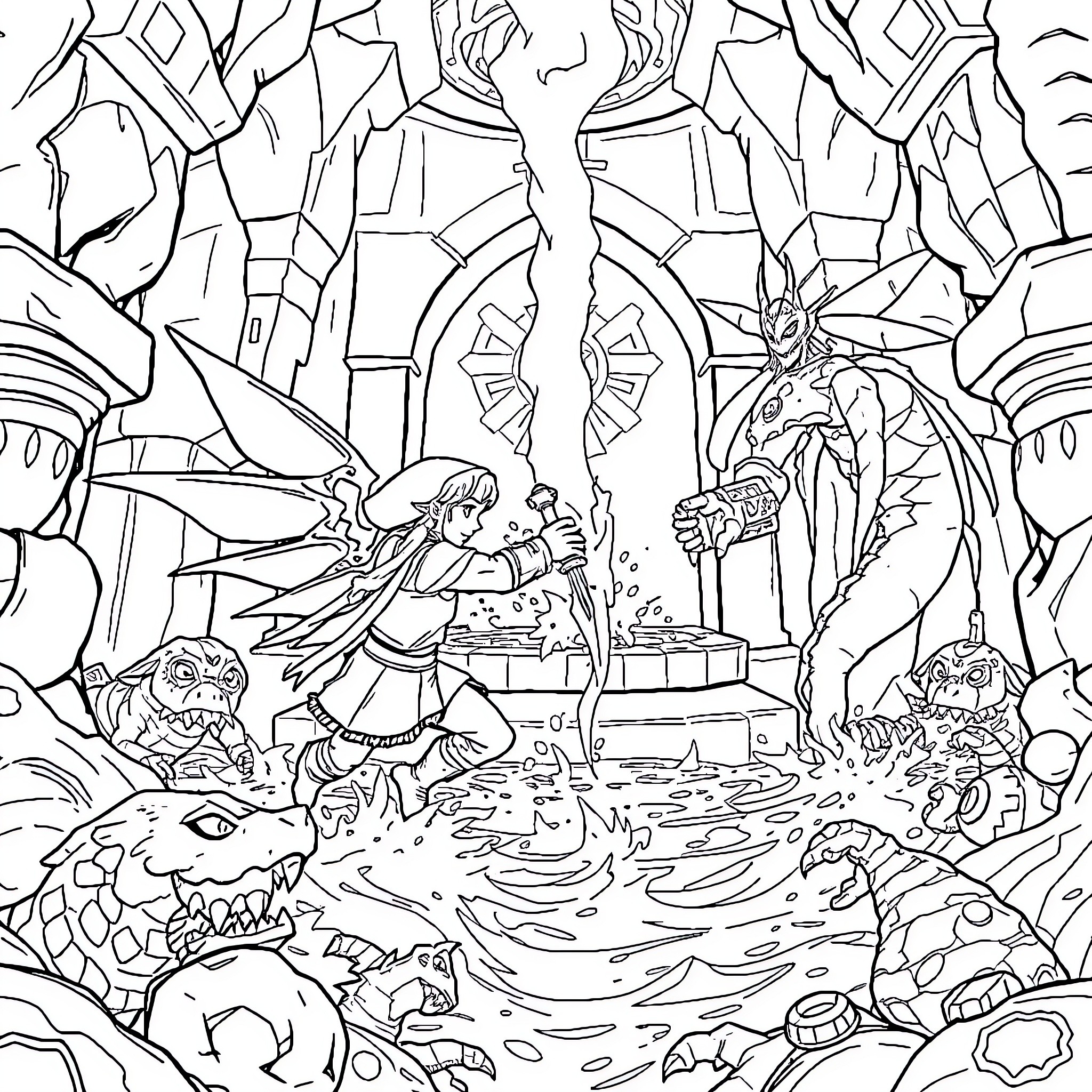 Link exploring a magical underground cavern Coloring Page (free black-and-white line drawing printable PDF for all, from beginners to advanced learners, including children, teens, adults, and seniors)