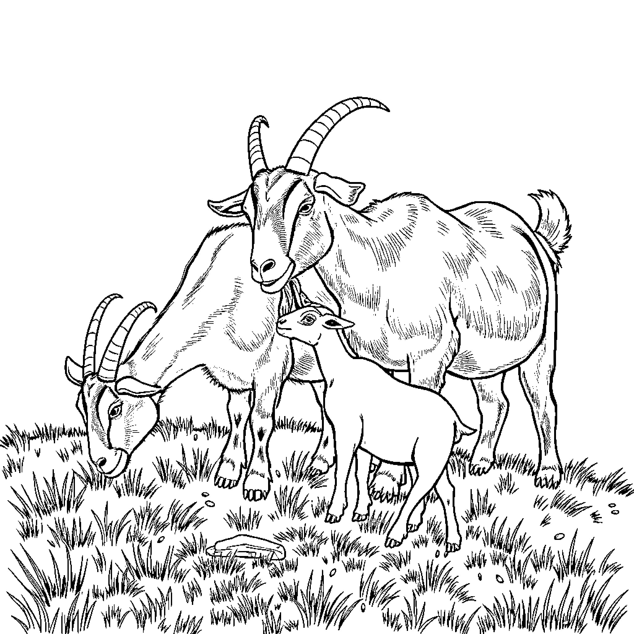 Goat grazing peacefully with its kid in the meadow Coloring Page (free black-and-white line drawing printable PDF for all, from beginners to advanced learners, including children, teens, adults, and seniors)
