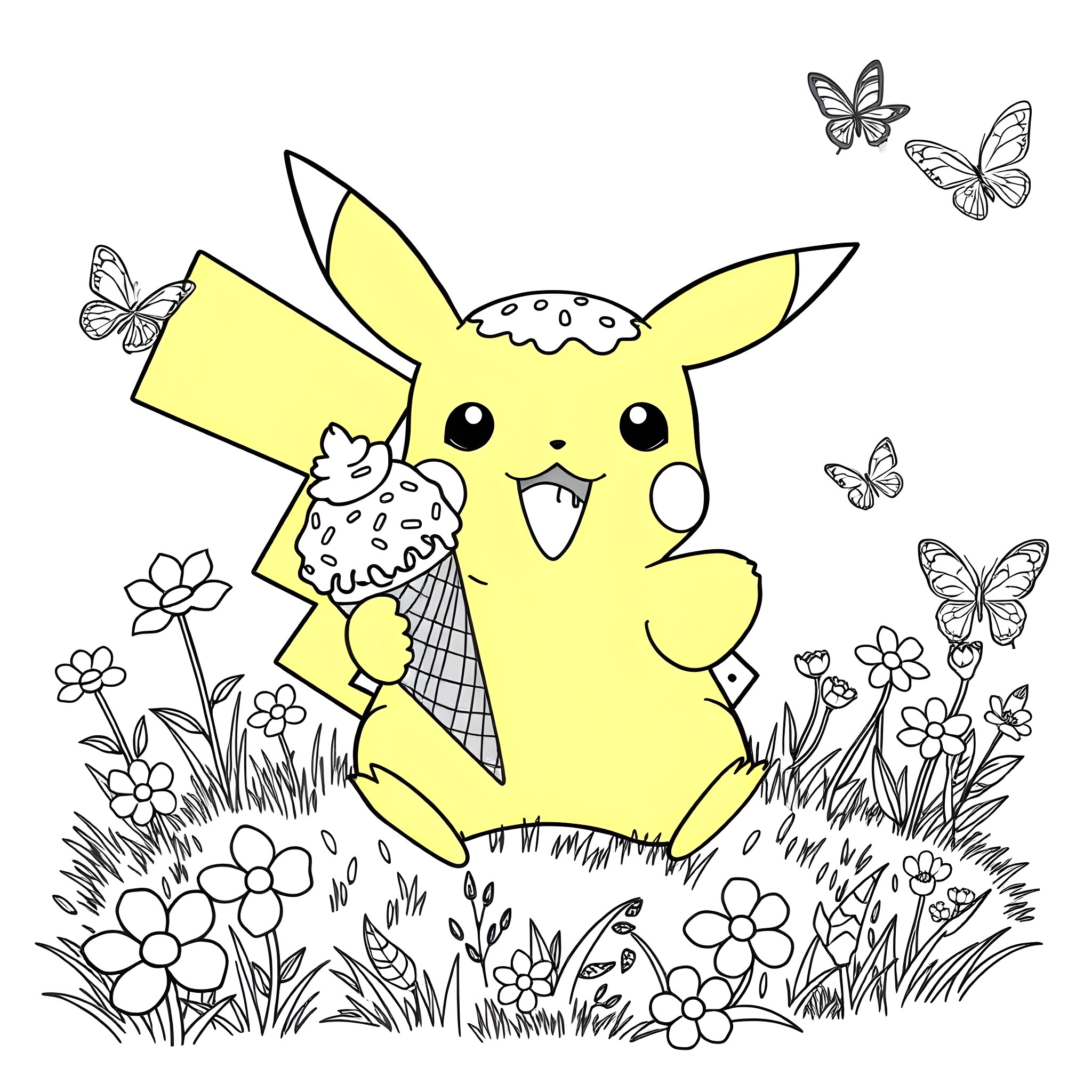 Pikachu enjoying the outdoors with butterflies Coloring Page (free black-and-white line drawing printable PDF for all, from beginners to advanced learners, including children, teens, adults, and seniors)