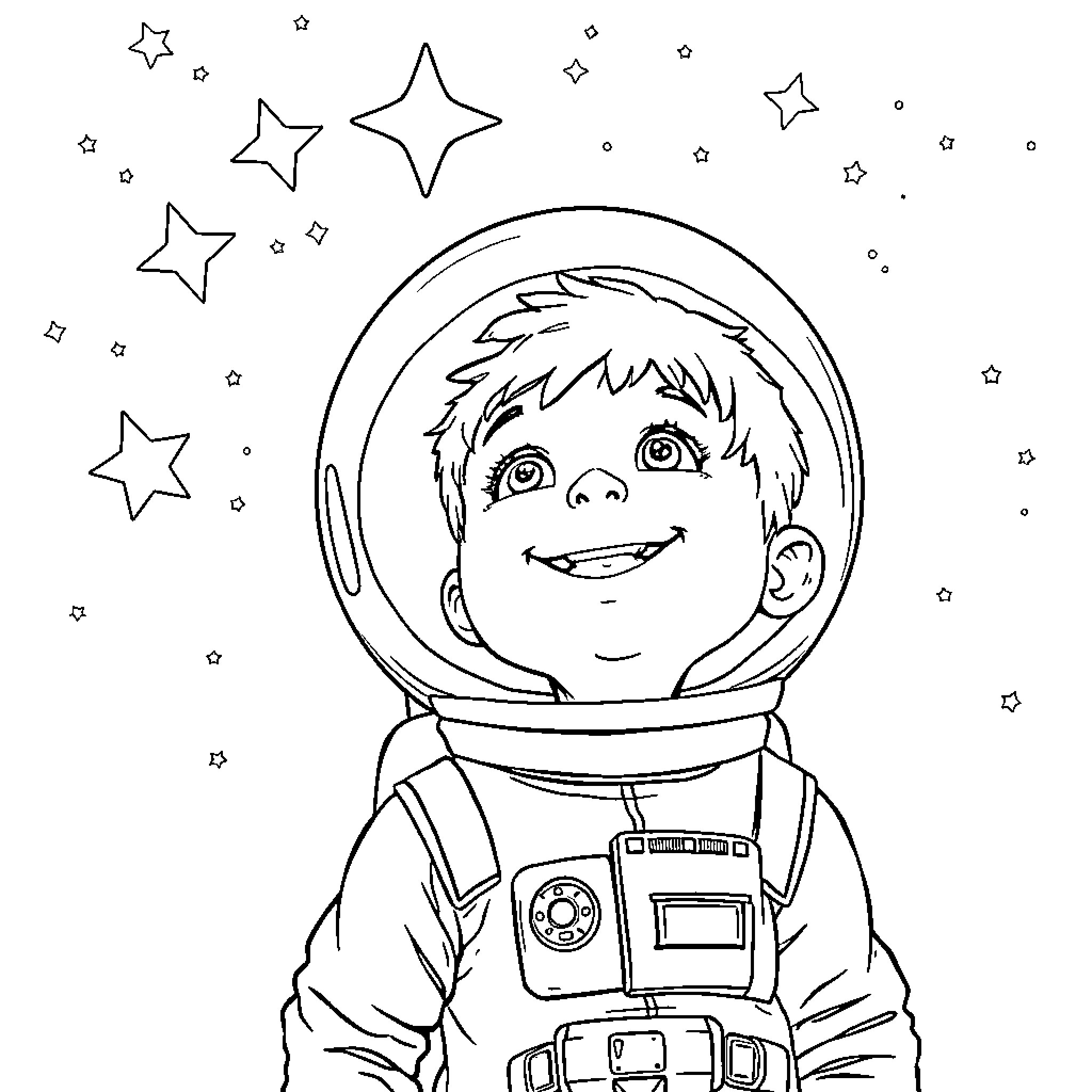 Boy exploring the stars in his astronaut suit Coloring Page (free black-and-white line drawing printable PDF for all, from beginners to advanced learners, including children, teens, adults, and seniors)