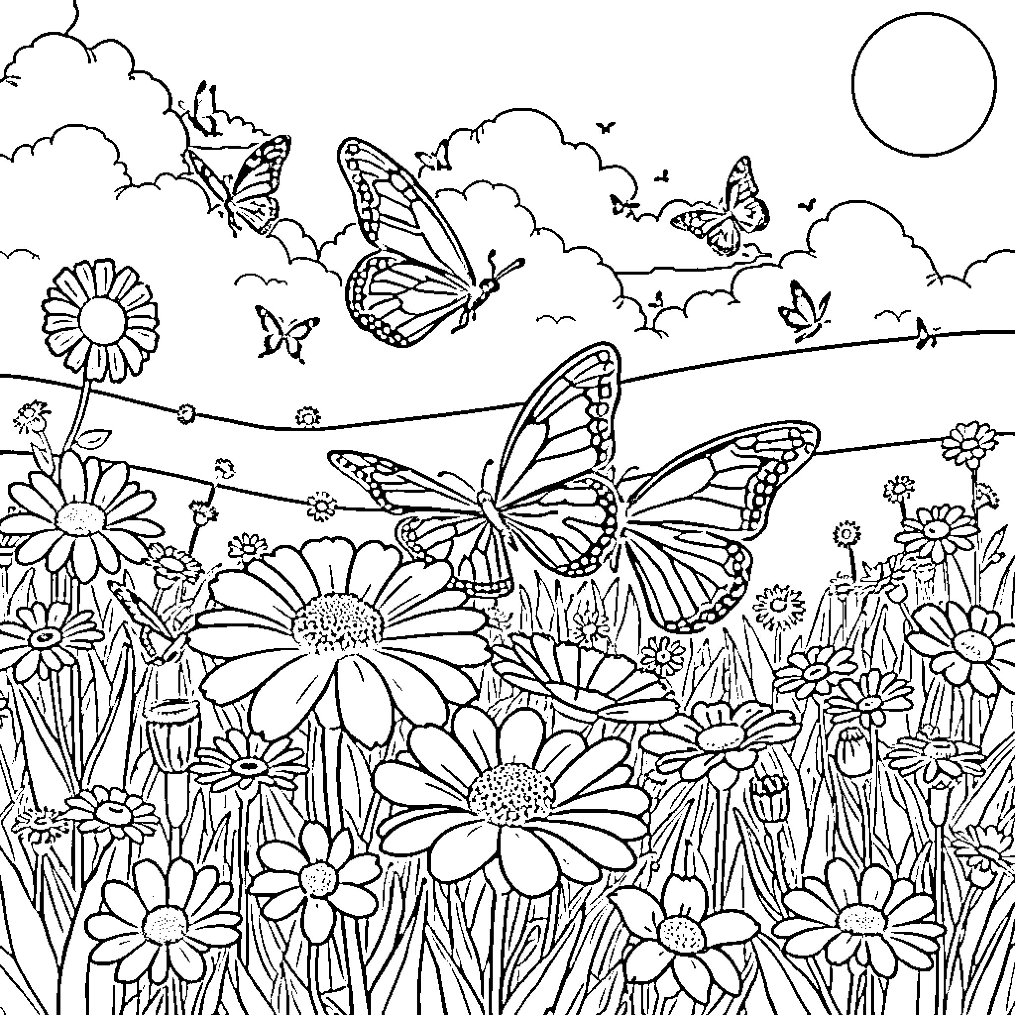 Butterfly Wonderland: A Floral Sanctuary Coloring Page (free black-and-white line drawing printable PDF for all, from beginners to advanced learners, including children, teens, adults, and seniors)