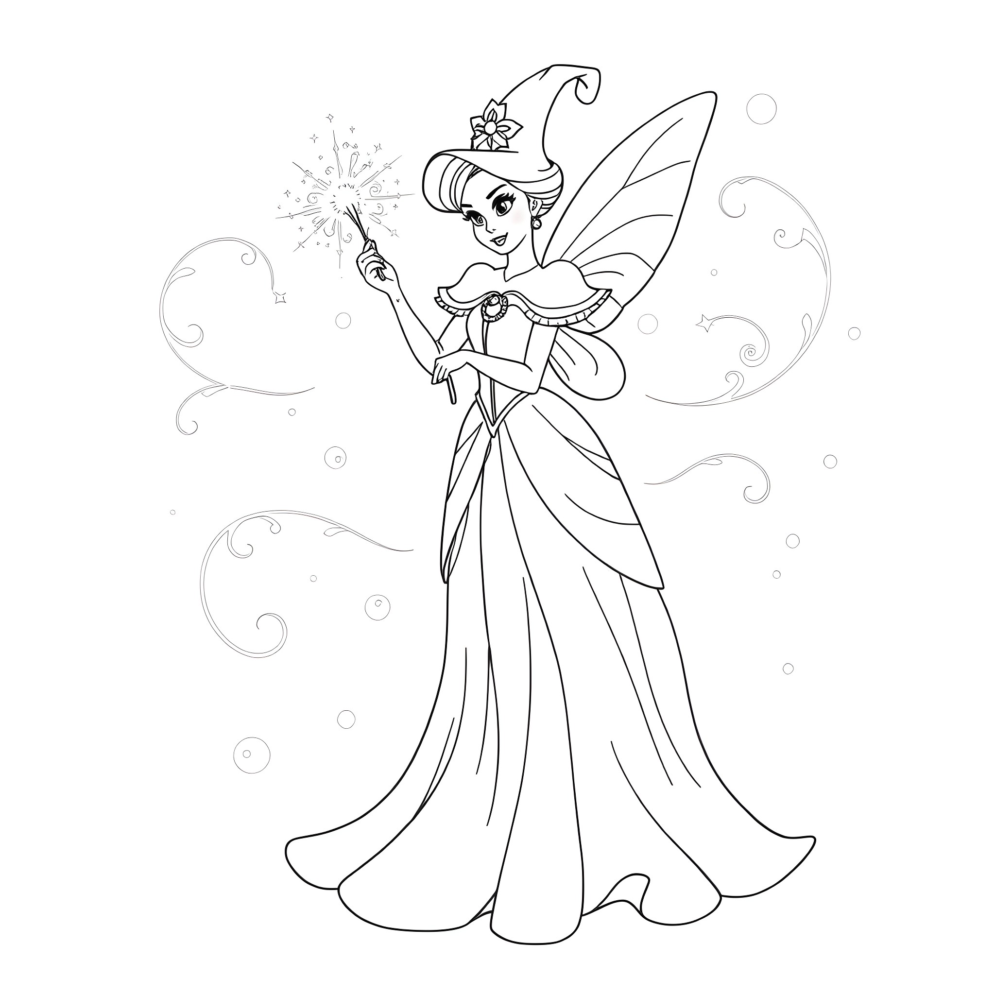 Fairy Godmother Waving Wand in Magical Dress Coloring Page (free black-and-white line drawing printable PDF for all, from beginners to advanced learners, including children, teens, adults, and seniors)