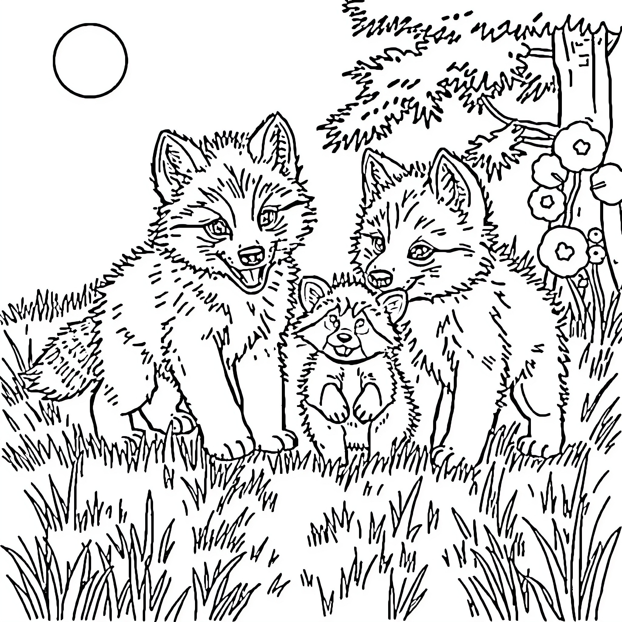 Wolf Siblings Frolicking in the Forest Coloring Page (free black-and-white line drawing printable PDF for all, from beginners to advanced learners, including children, teens, adults, and seniors)