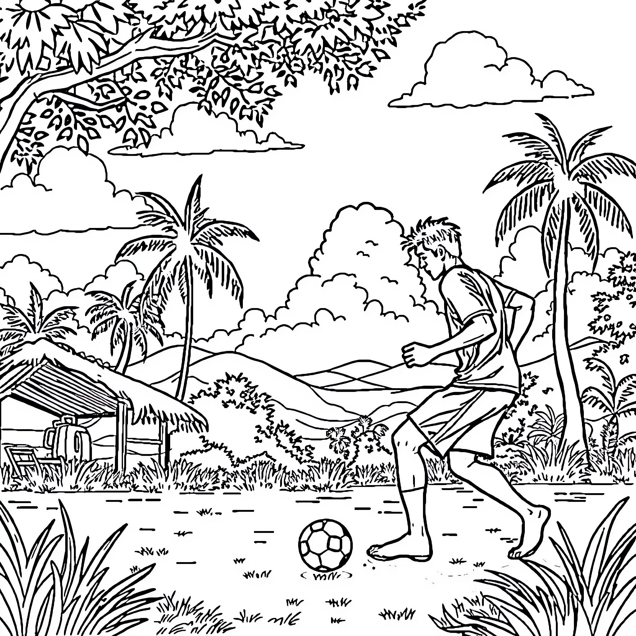 Barman playing soccer on a tropical beach Coloring Page (free black-and-white line drawing printable PDF for all, from beginners to advanced learners, including children, teens, adults, and seniors)