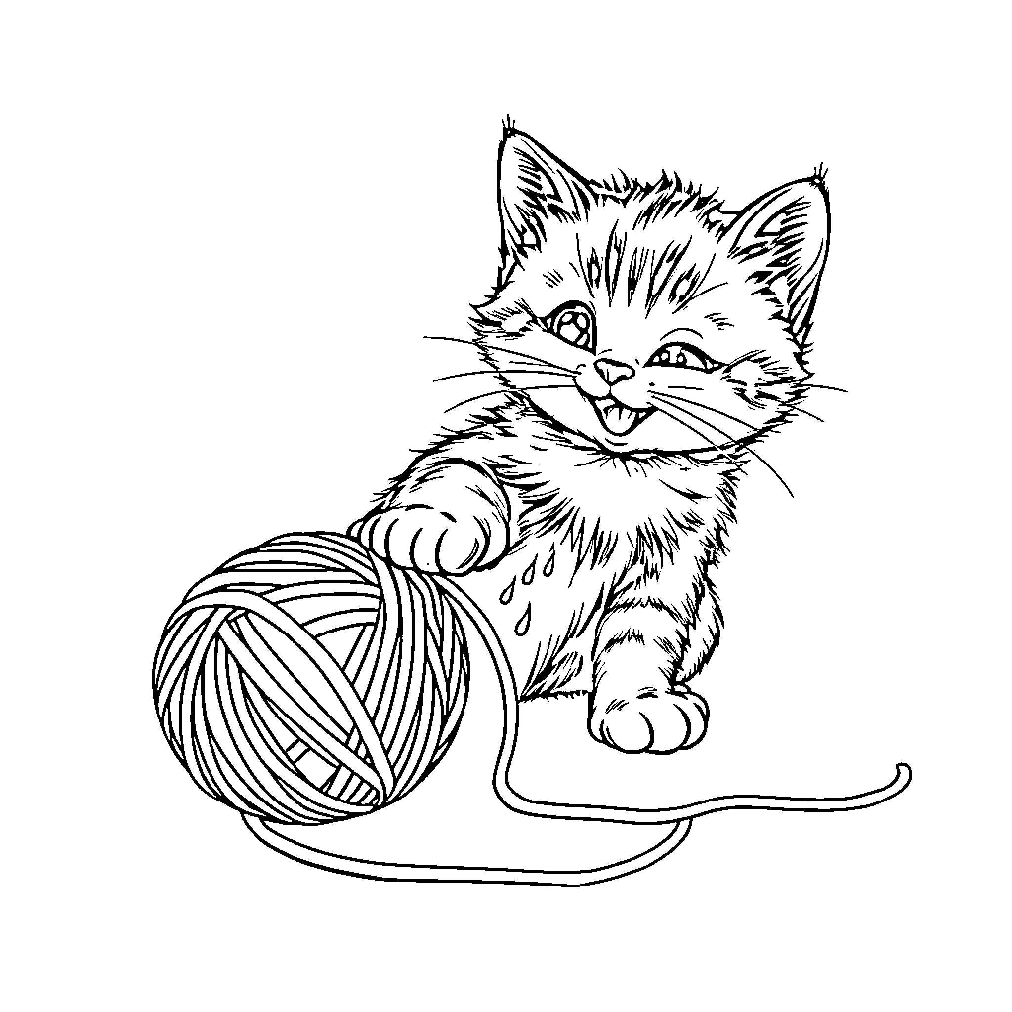Kitty playing with yarn Coloring Page (free black-and-white line drawing printable PDF for all, from beginners to advanced learners, including children, teens, adults, and seniors)