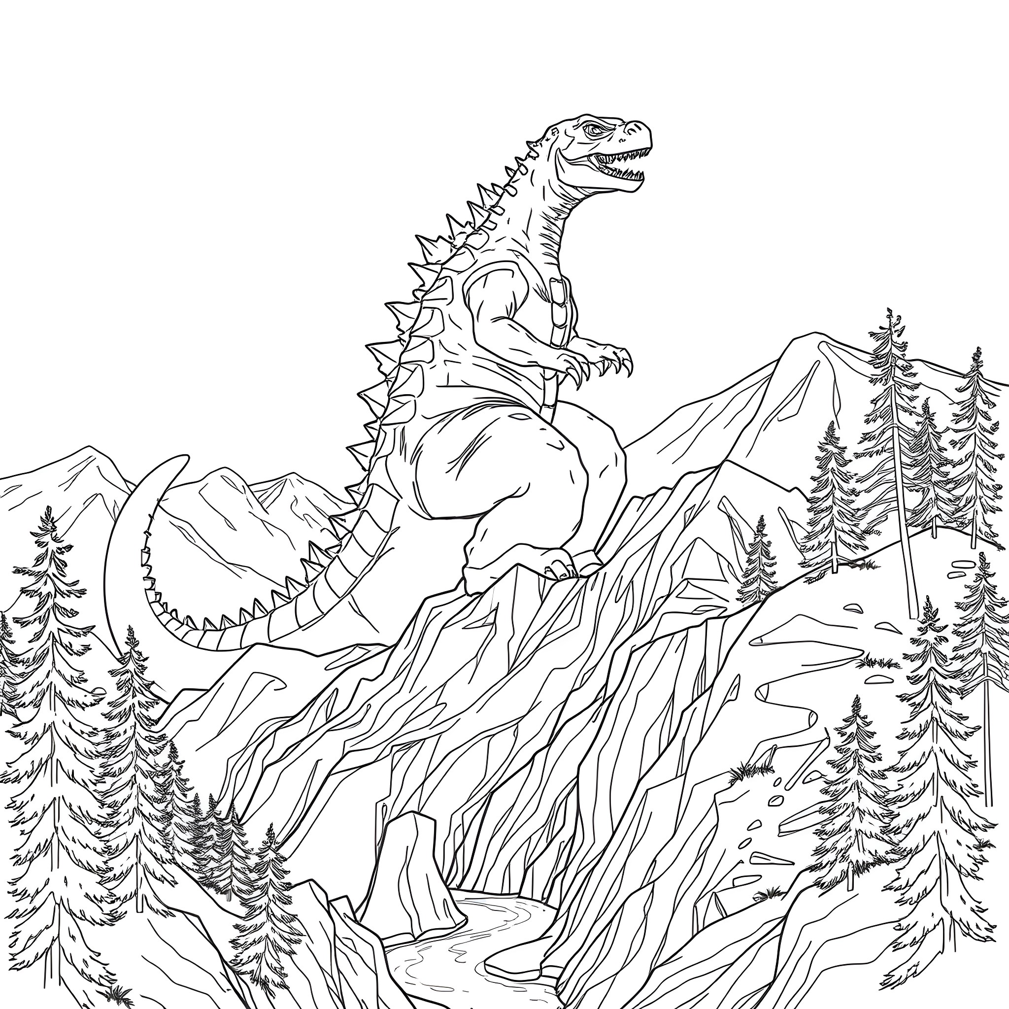 Godzilla Roaring Atop Snowy Mountain Coloring Page (free black-and-white line drawing printable PDF for all, from beginners to advanced learners, including children, teens, adults, and seniors)