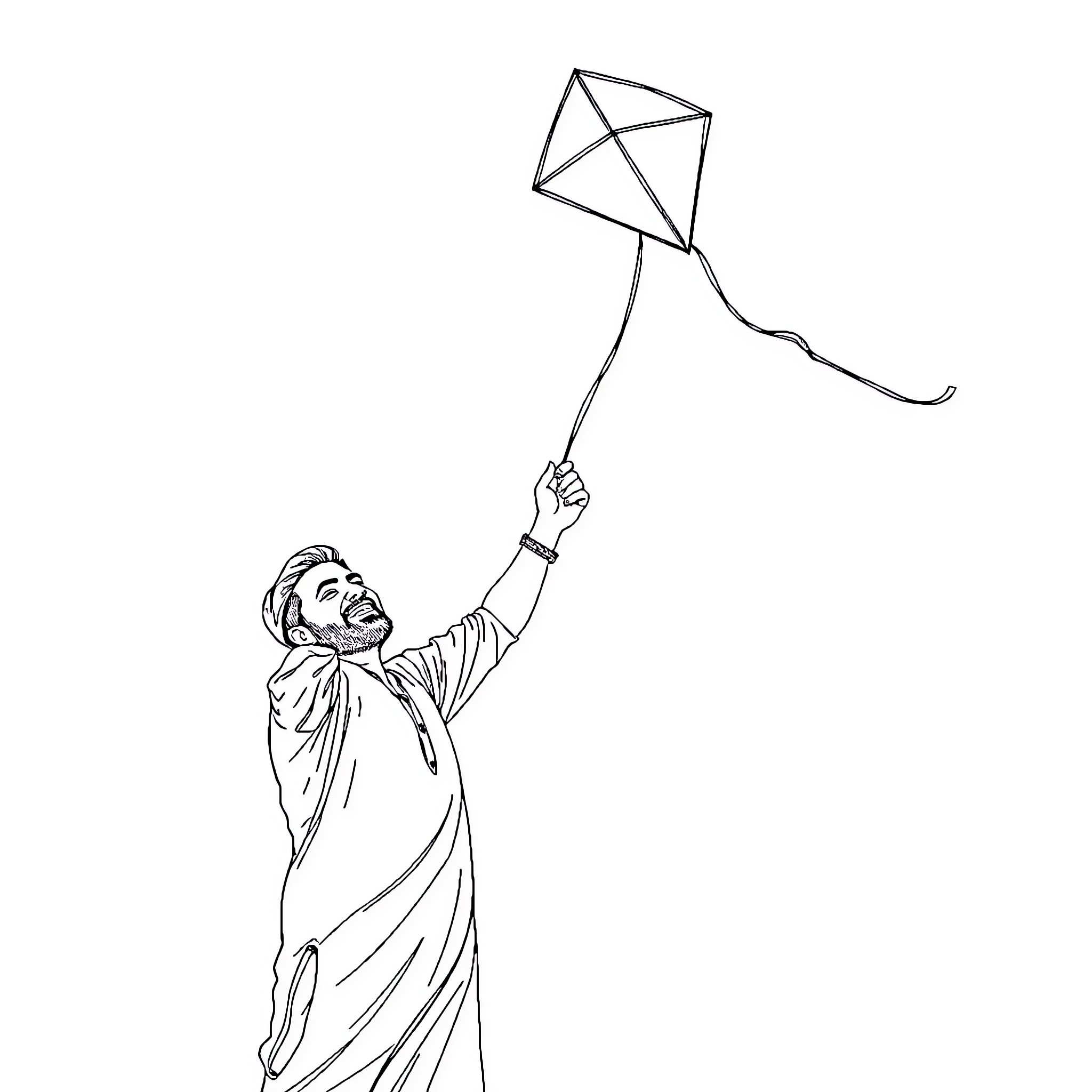 Man flying a kite happily outdoors Coloring Page (free black-and-white line drawing printable PDF for all, from beginners to advanced learners, including children, teens, adults, and seniors)